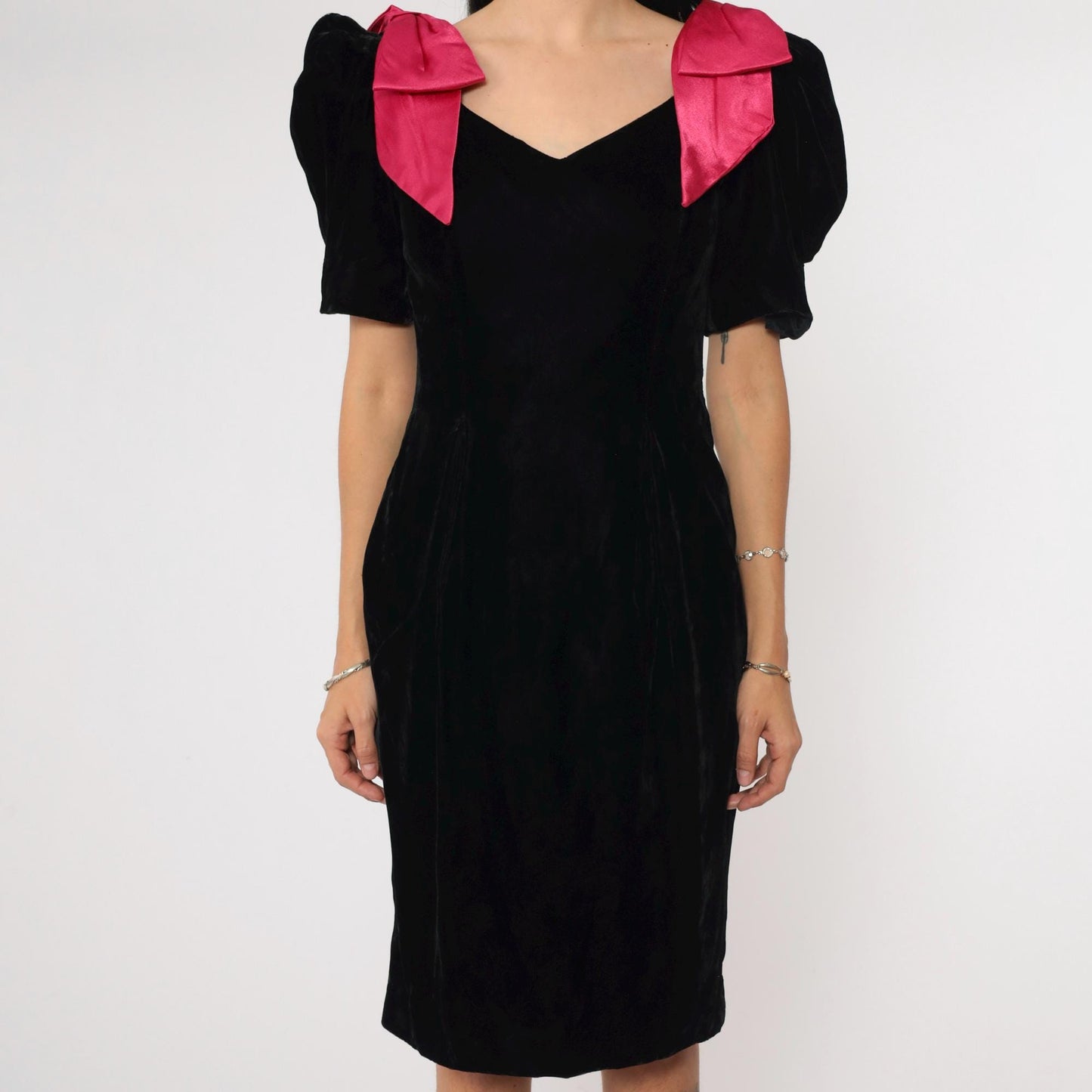 80s Black Velvet Mini Dress Puff Sleeve Fuchsia Bow Sheath Small 4