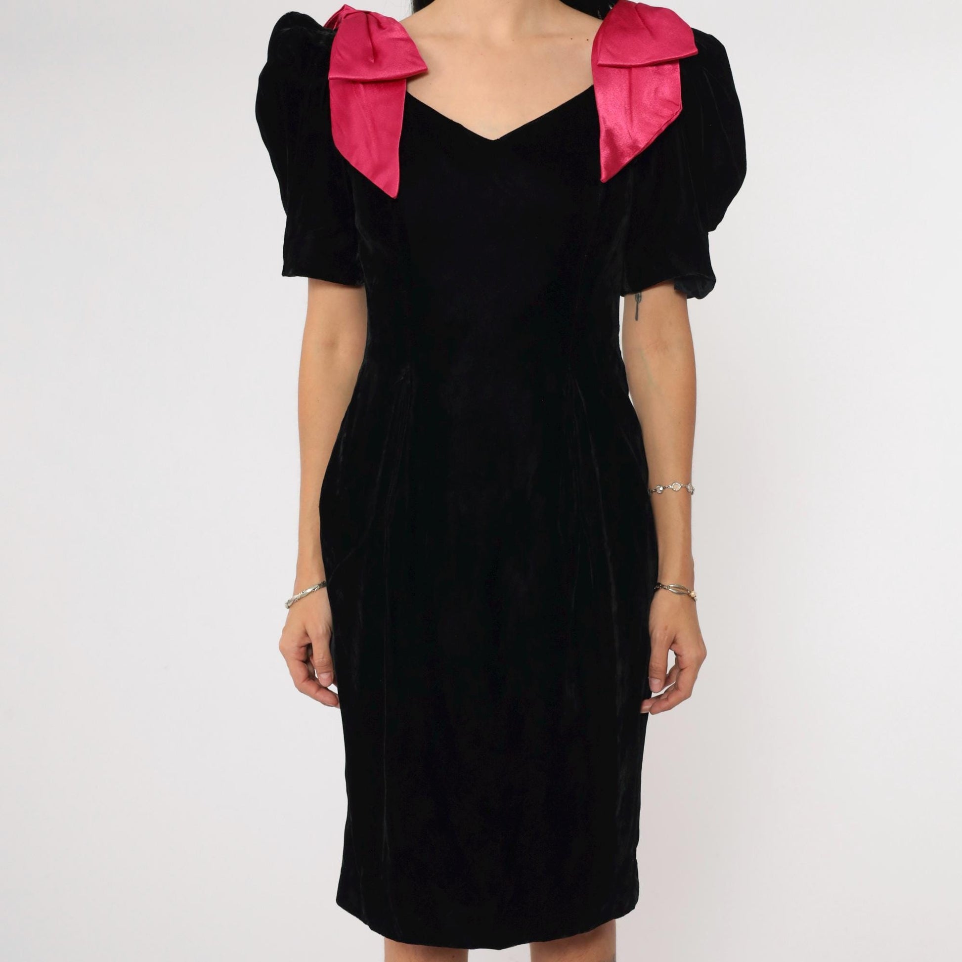80s Black Velvet Mini Dress Puff Sleeve Fuchsia Bow Sheath Small 4