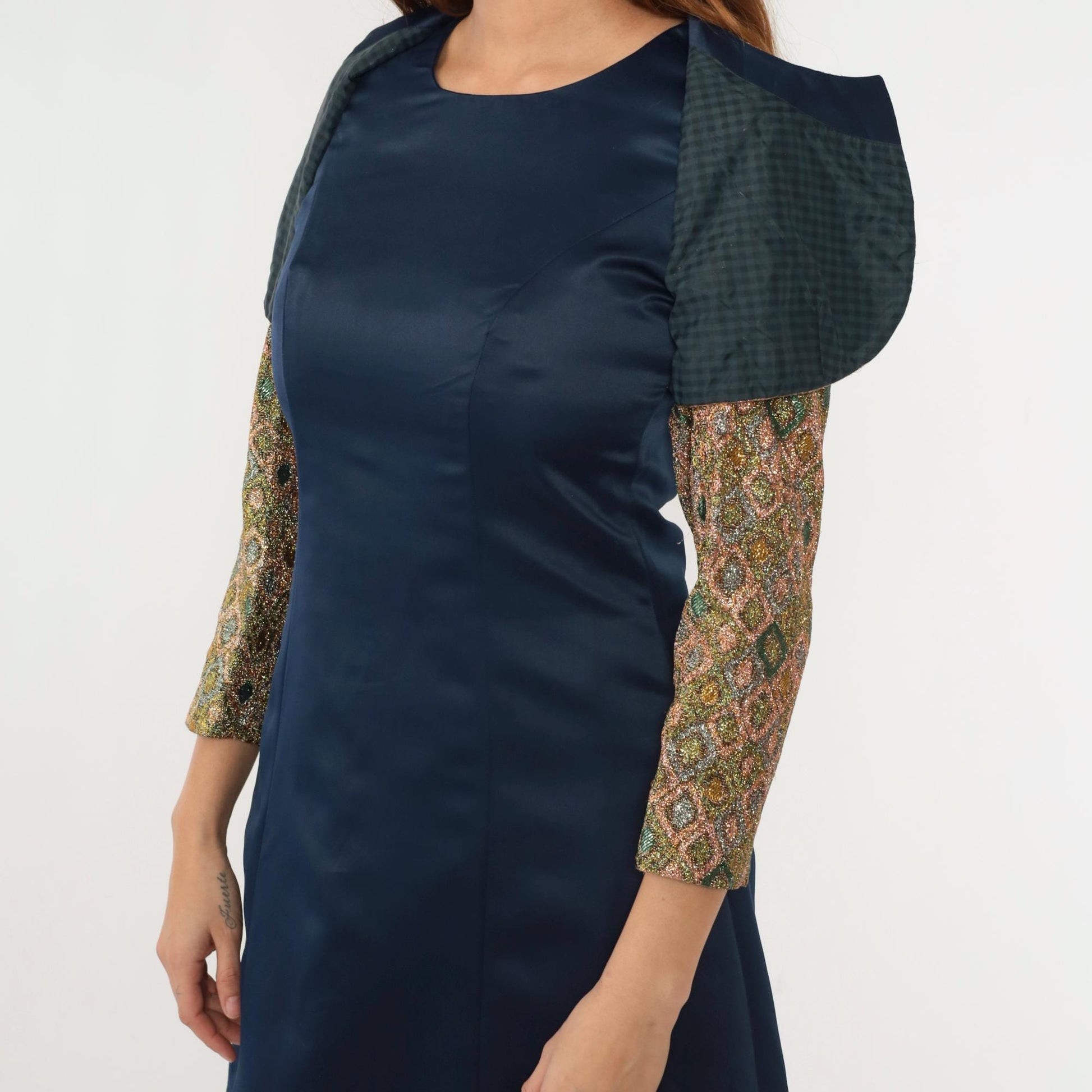 70s Metallic Geometric Bolero Jacket Dress Navy Gold Sheath Small