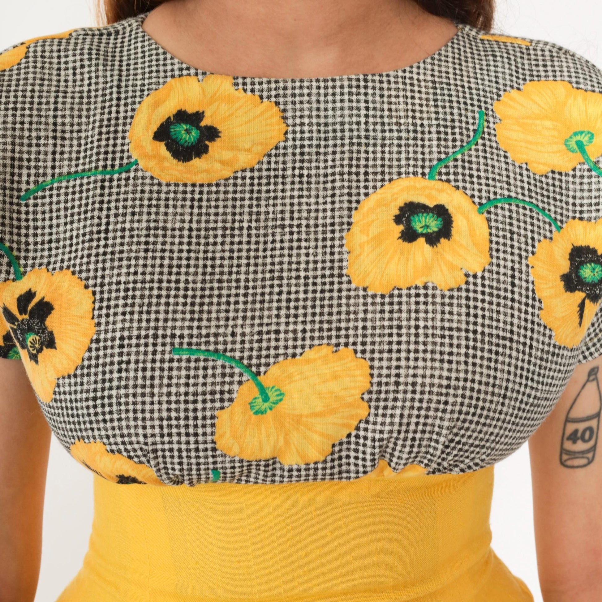 80s Yellow Floral Black Gingham Empire Waist Mini Dress Pleated Small