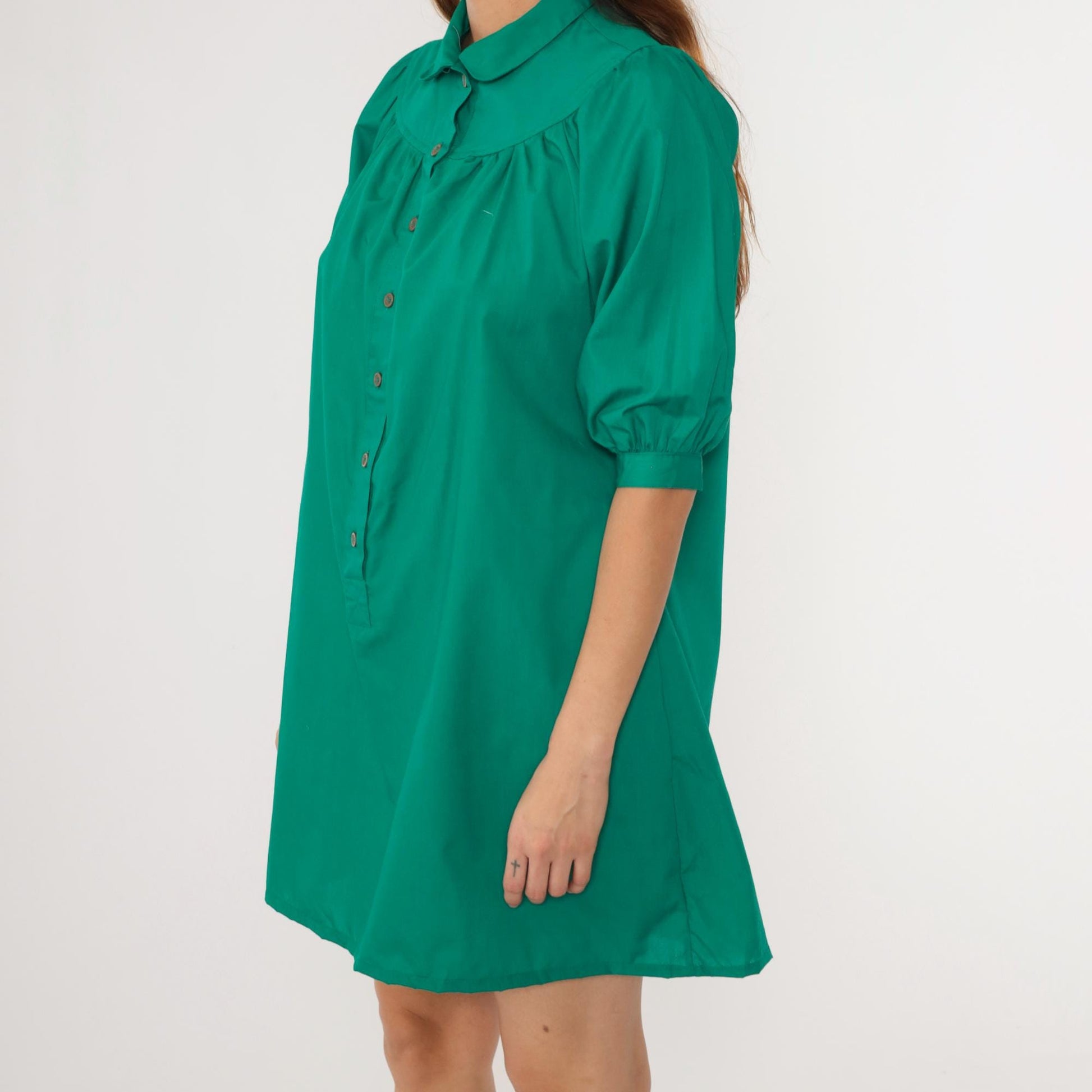 70s Green Yoke Shirtdress Peter Pan Collar Puff Sleeve A-Line Medium