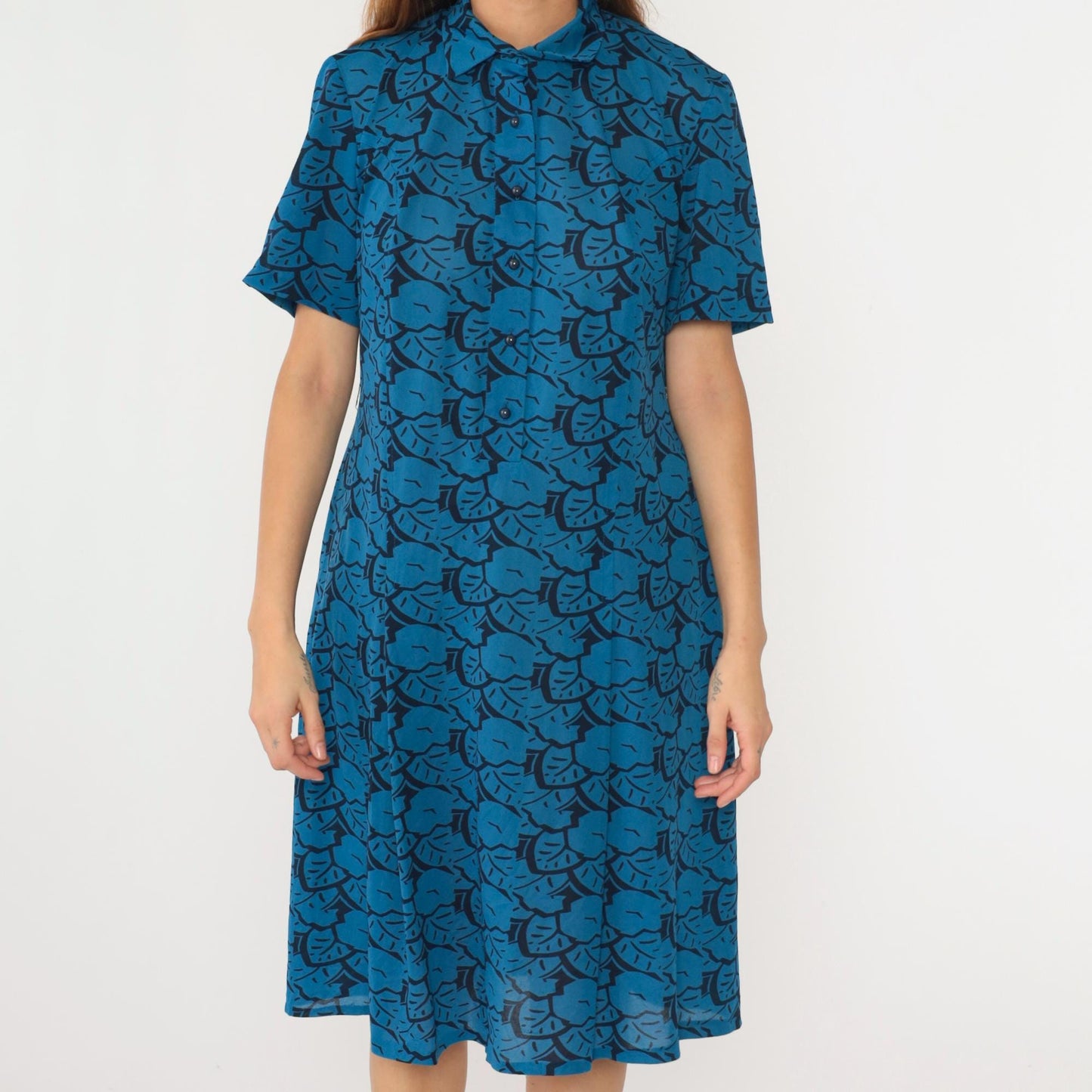 80s Abstract Floral Midi Shirtdress Button-Up Short Sleeve Black Blue Medium Large