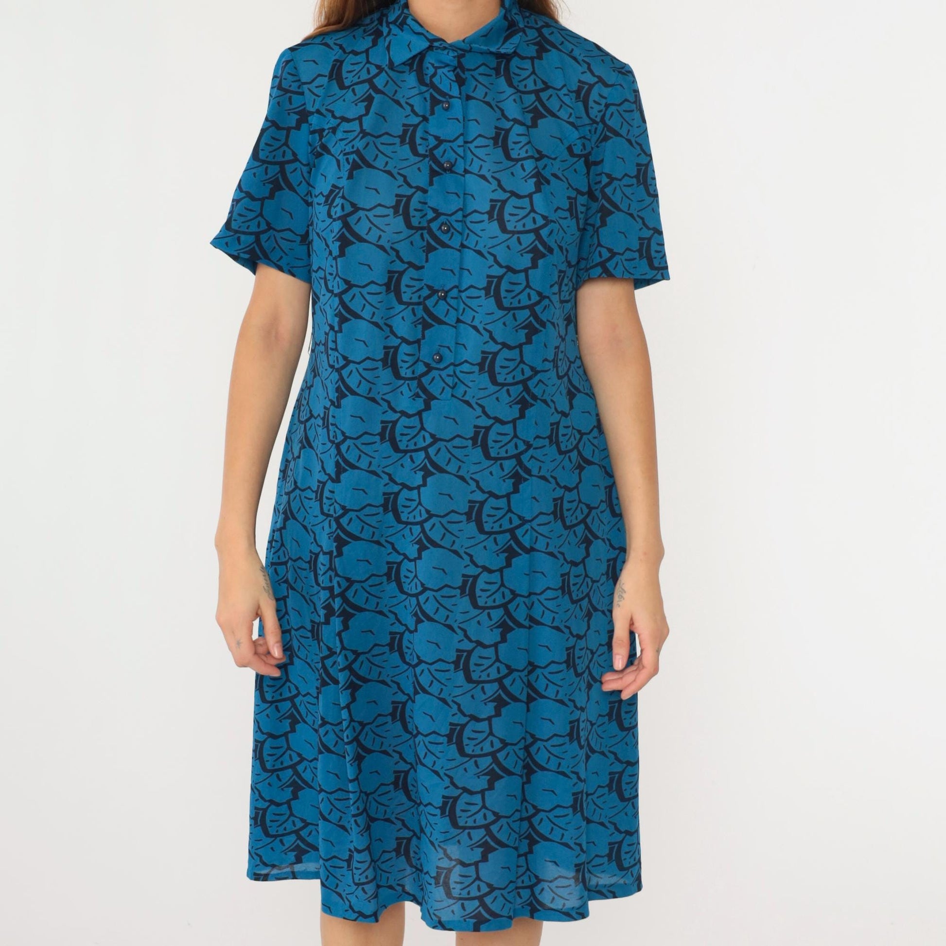 80s Abstract Floral Midi Shirtdress Button-Up Short Sleeve Black Blue Medium Large