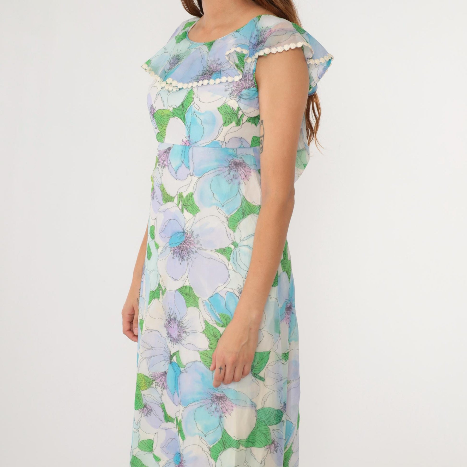 70s Floral Chiffon Maxi Dress Blue Green Ruffle Hem Open Back Small