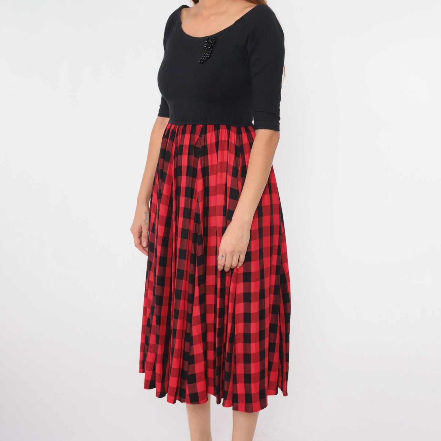 90s Buffalo Check Midi Dress Black Red High Waist Beaded Detail Medium