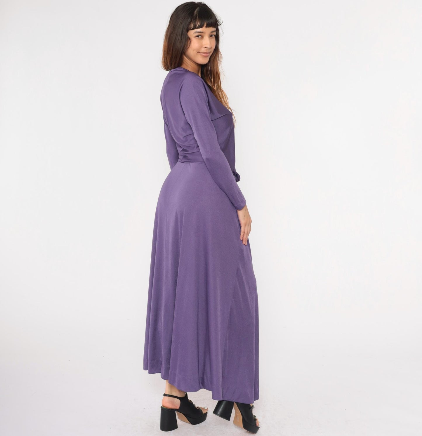 1970s Purple Maxi Dress Blouson High Waist Scoop Neck Long Sleeve Medium