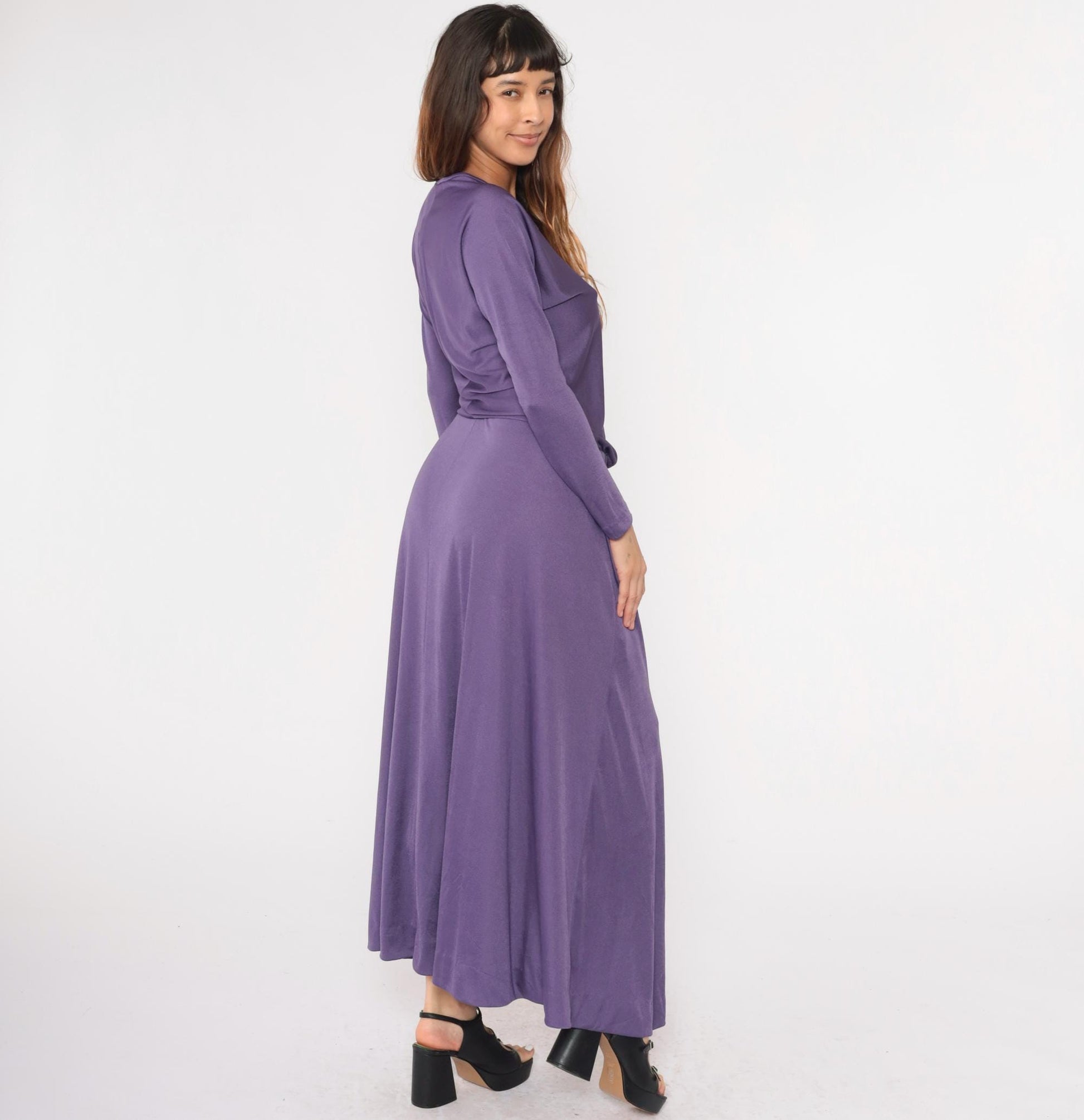 1970s Purple Maxi Dress Blouson High Waist Scoop Neck Long Sleeve Medium