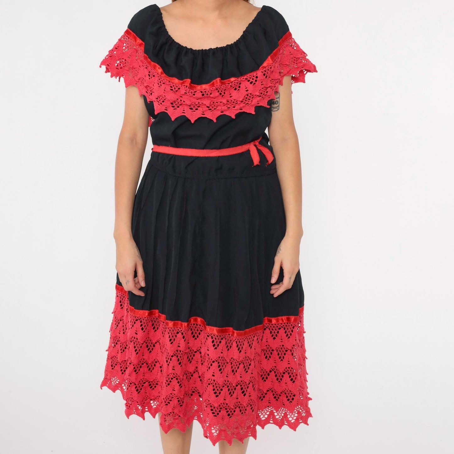 80s Black Peasant Dress Fuchsia Crochet Lace Off-Shoulder Midi Medium Large