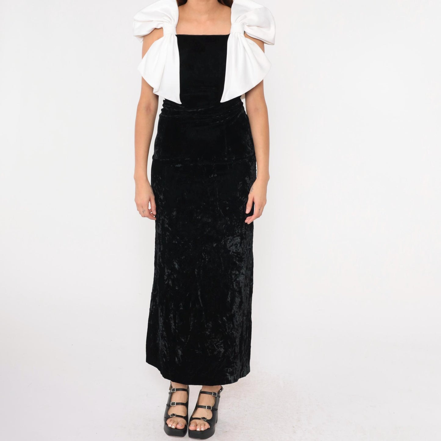 80s Black Velvet Maxi Dress White Bow Sleeveless Sheath Extra Small
