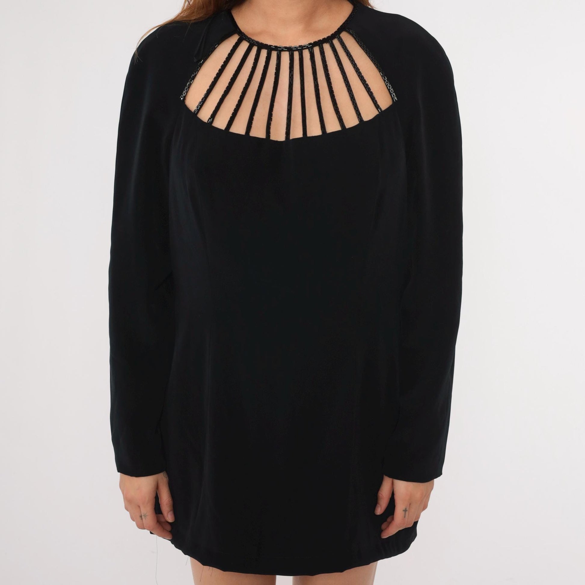 90s Black Beaded Cage Neckline Mini Dress Long Sleeve Sheath Large L