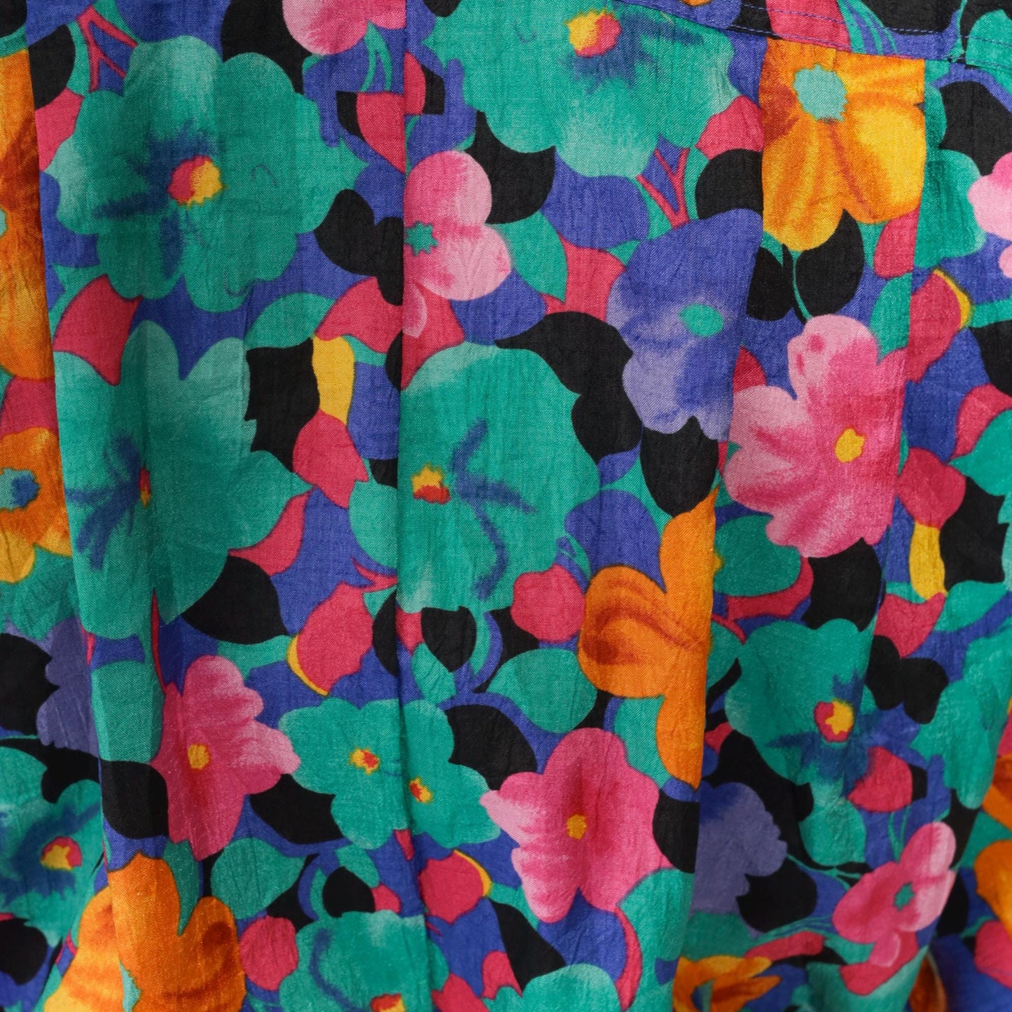 80s Floral Midi Shirtdress High Waist Button Front Turquoise Pink Blue Medium