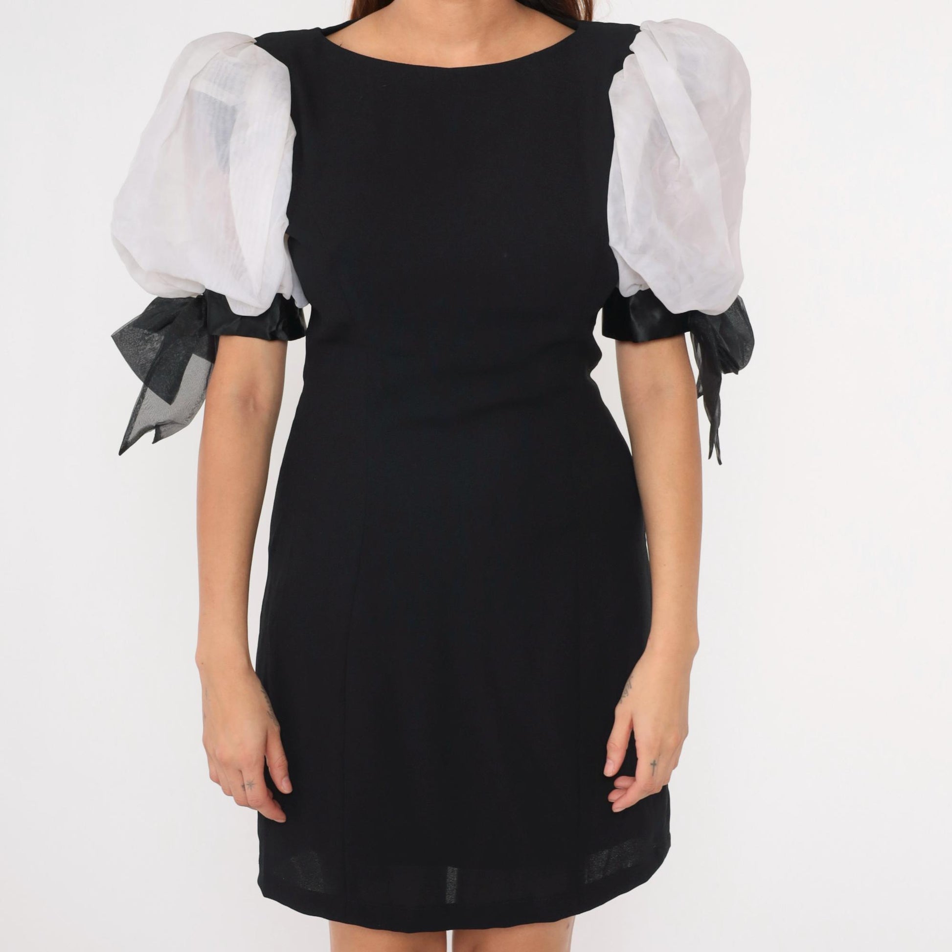 80s Black Organza Puff Sleeve Mini Dress with Bow Cuffs Small