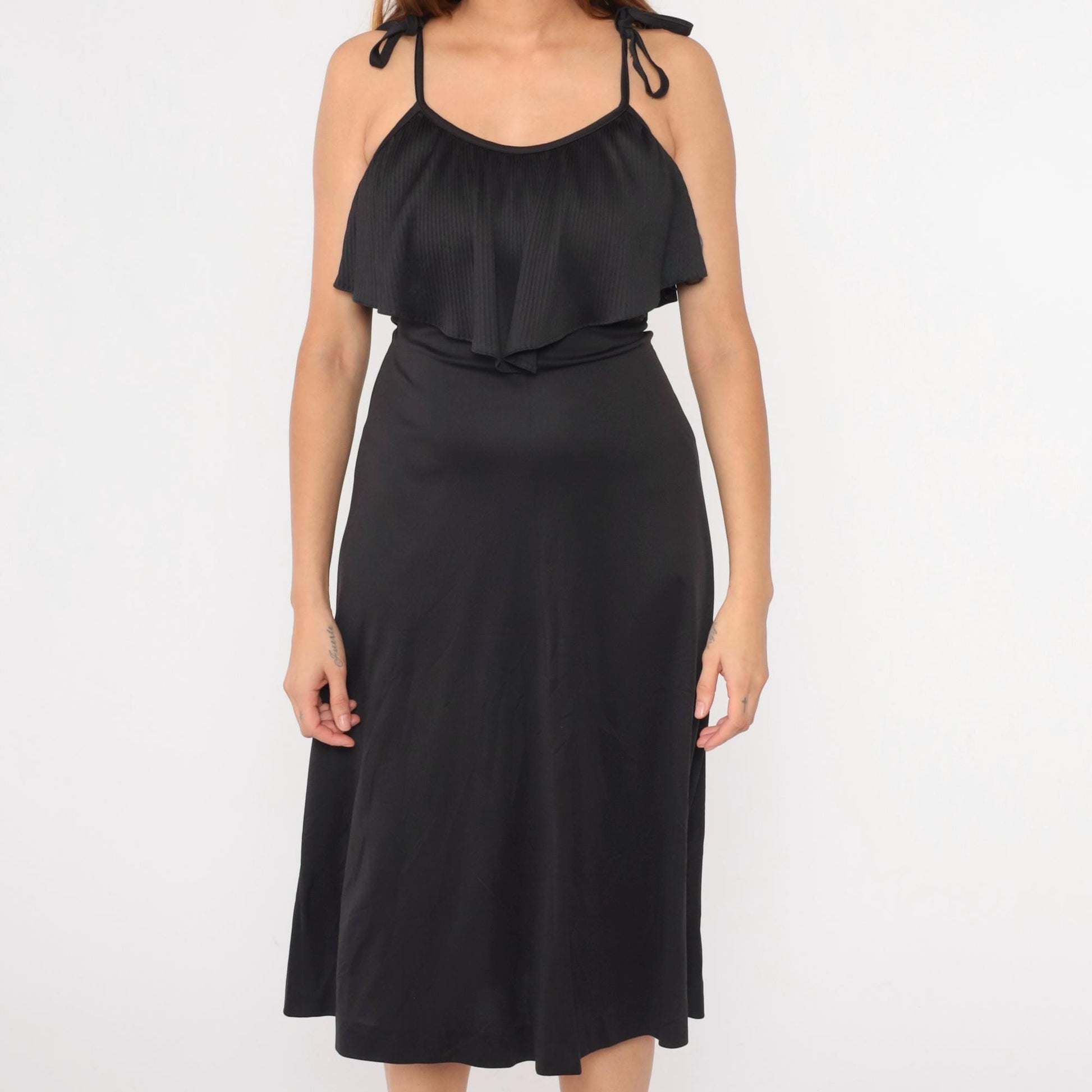 70s Black Midi Dress Ruffled Neckline Spaghetti Strap Disco Small