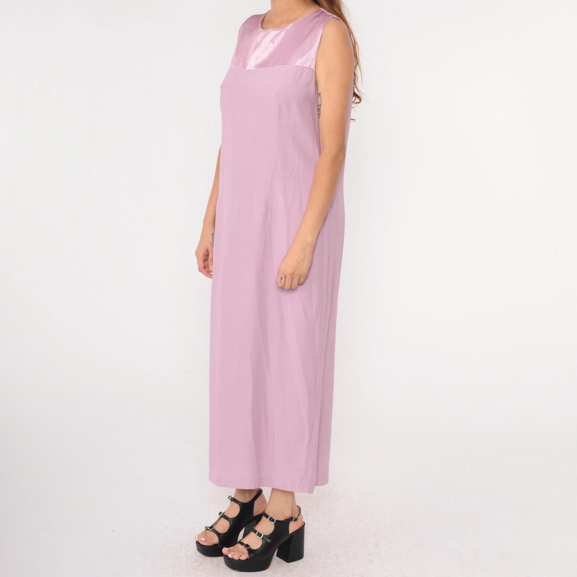 90s Lavender Satin Yoke Maxi Shift Dress Sleeveless Large L
