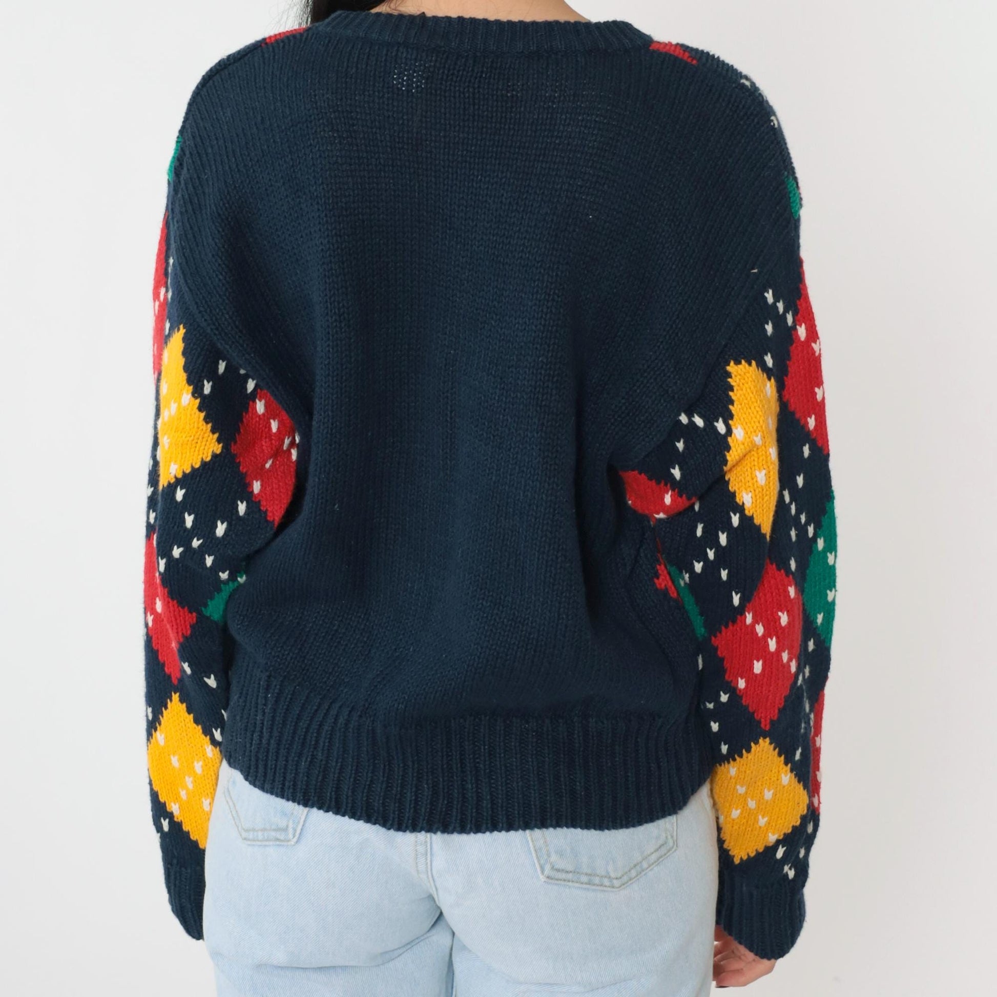 90s LizSport Argyle Sweater Navy Crewneck Pullover Cotton Ramie Medium