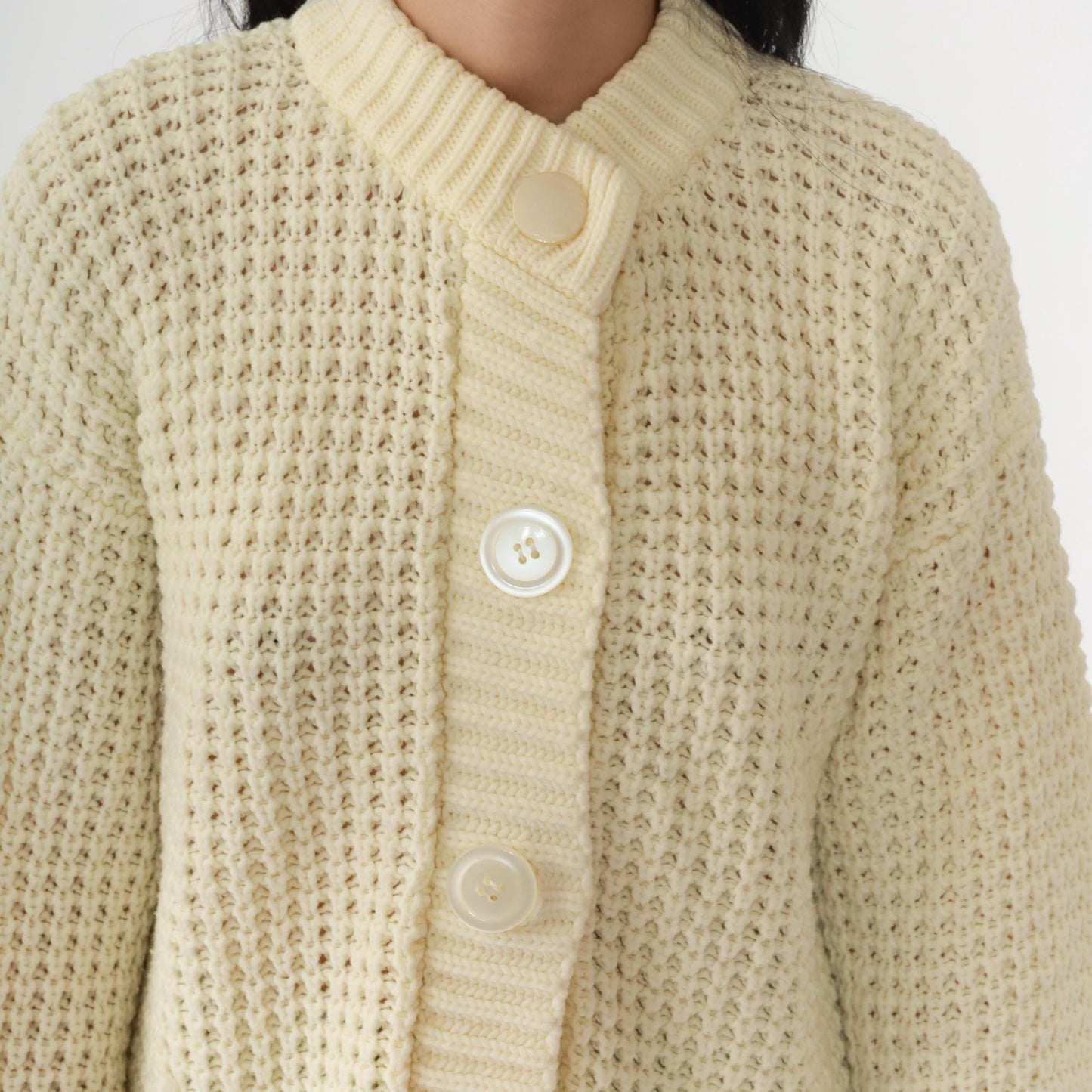 70s Cream Yellow Waffle Knit Cardigan Button-Up Ribbed Collar Pockets Medium Large