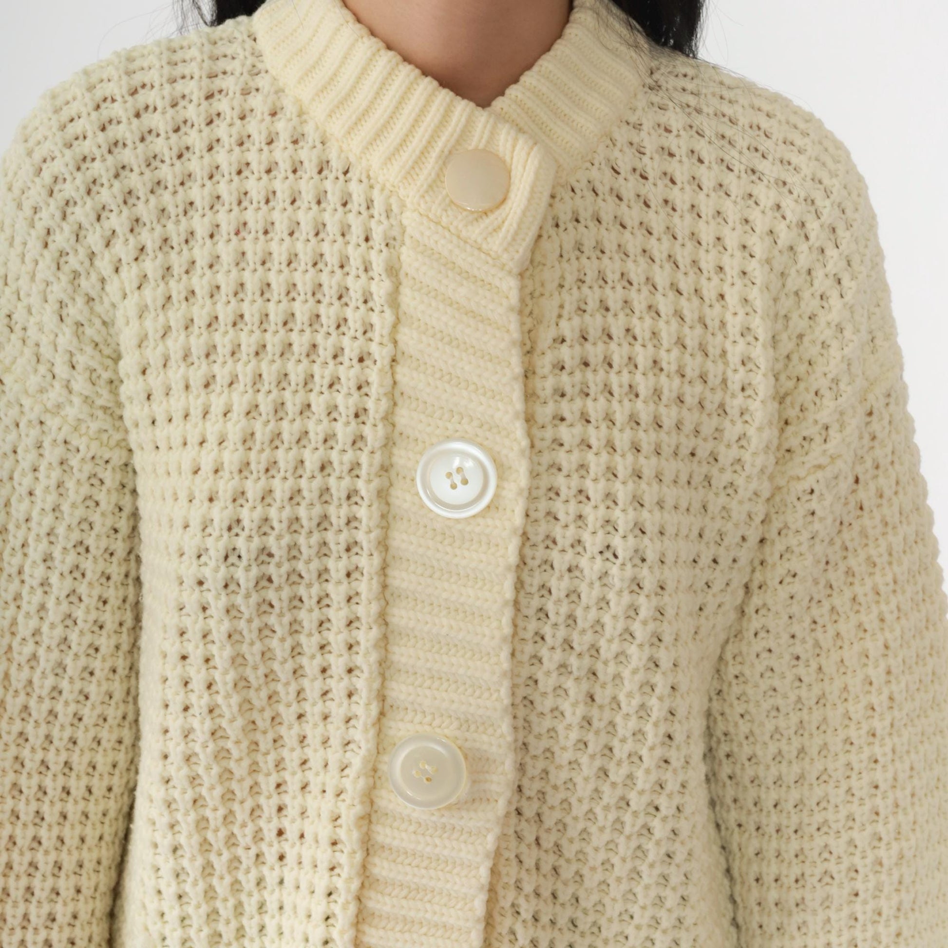 70s Cream Yellow Waffle Knit Cardigan Button-Up Ribbed Collar Pockets Medium Large