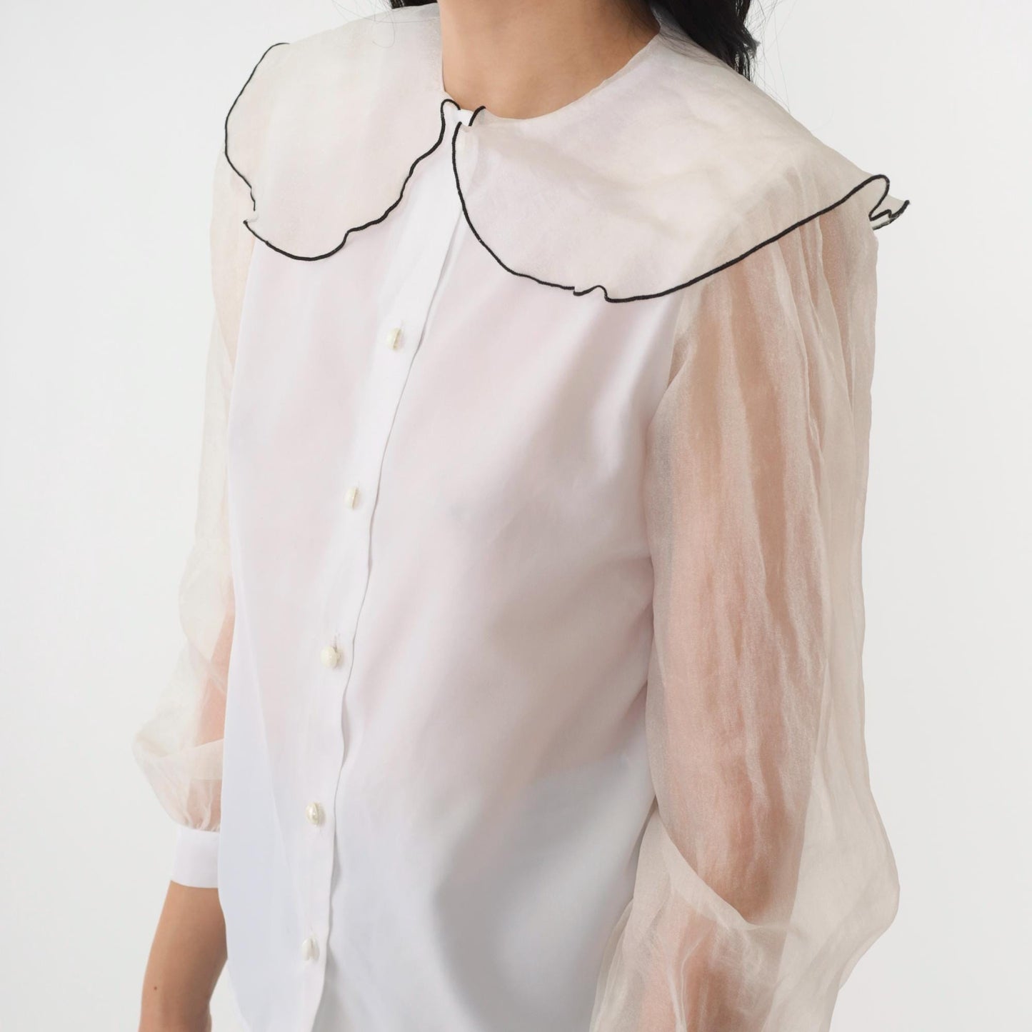80s White Organza Puff Sleeve Blouse Peter Pan Collar Button Up Small