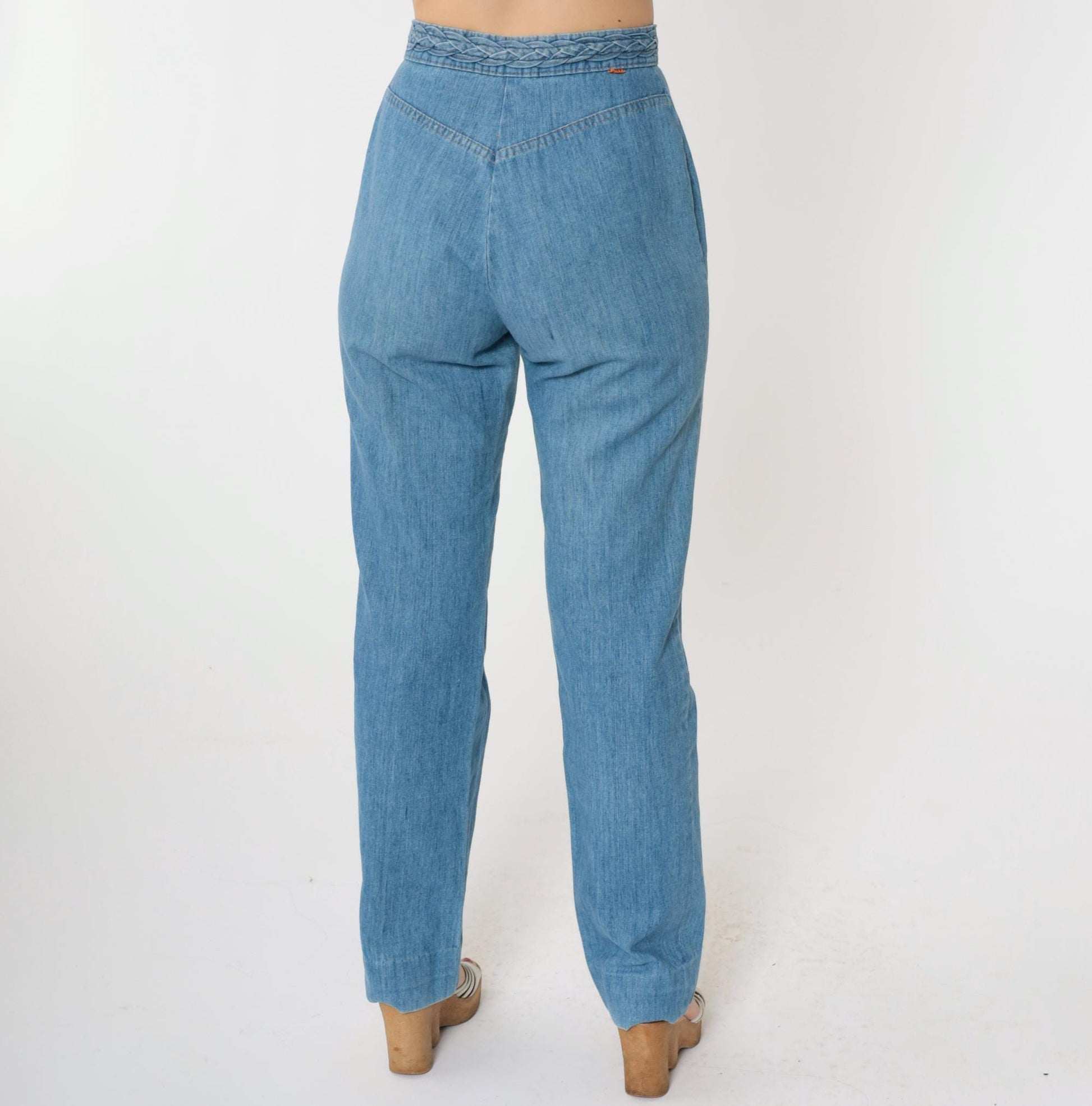 70s Levi's High Waist Straight Leg Jeans Blue Denim Braided Back XS