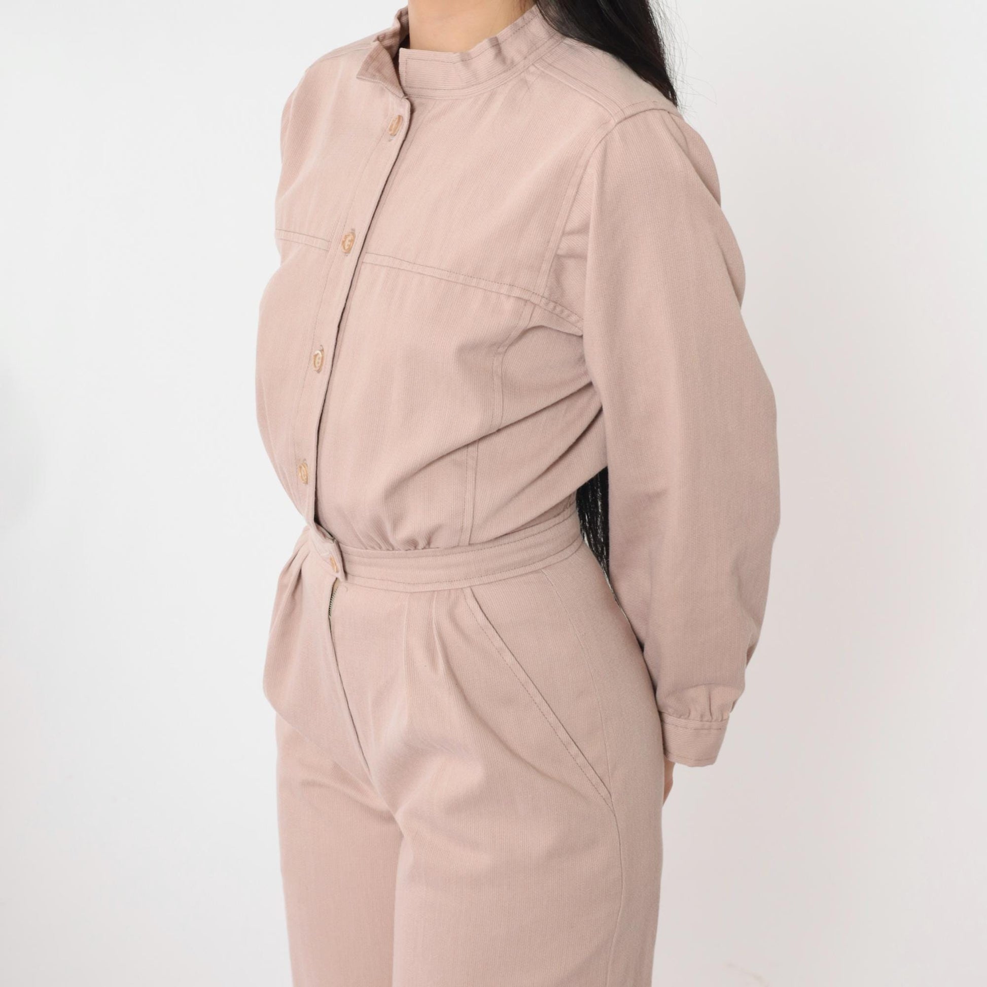 80s Warm Taupe Utility Jumpsuit Wide Leg Pleated Button Front Extra Small