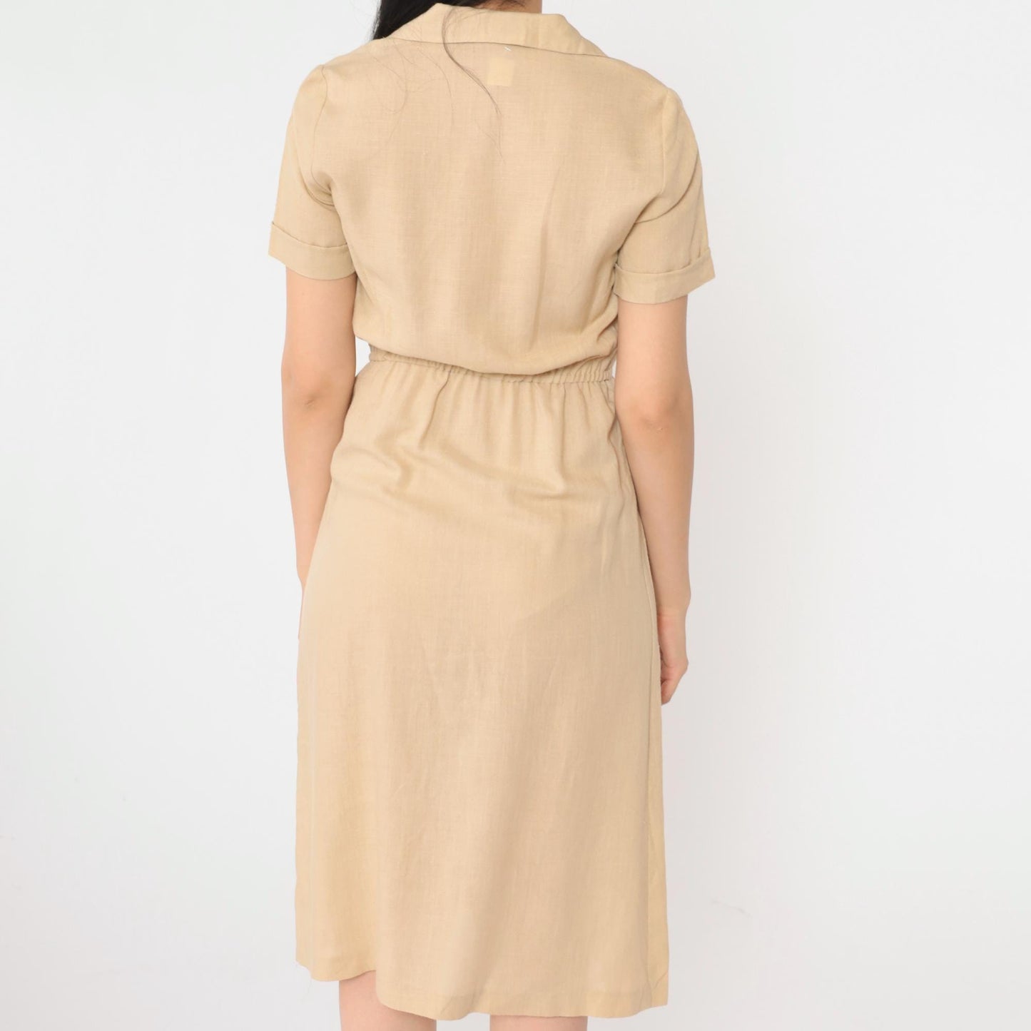 70s Tan Linen Shirtdress Button-Up Midi High-Waisted Short Sleeve Extra Small
