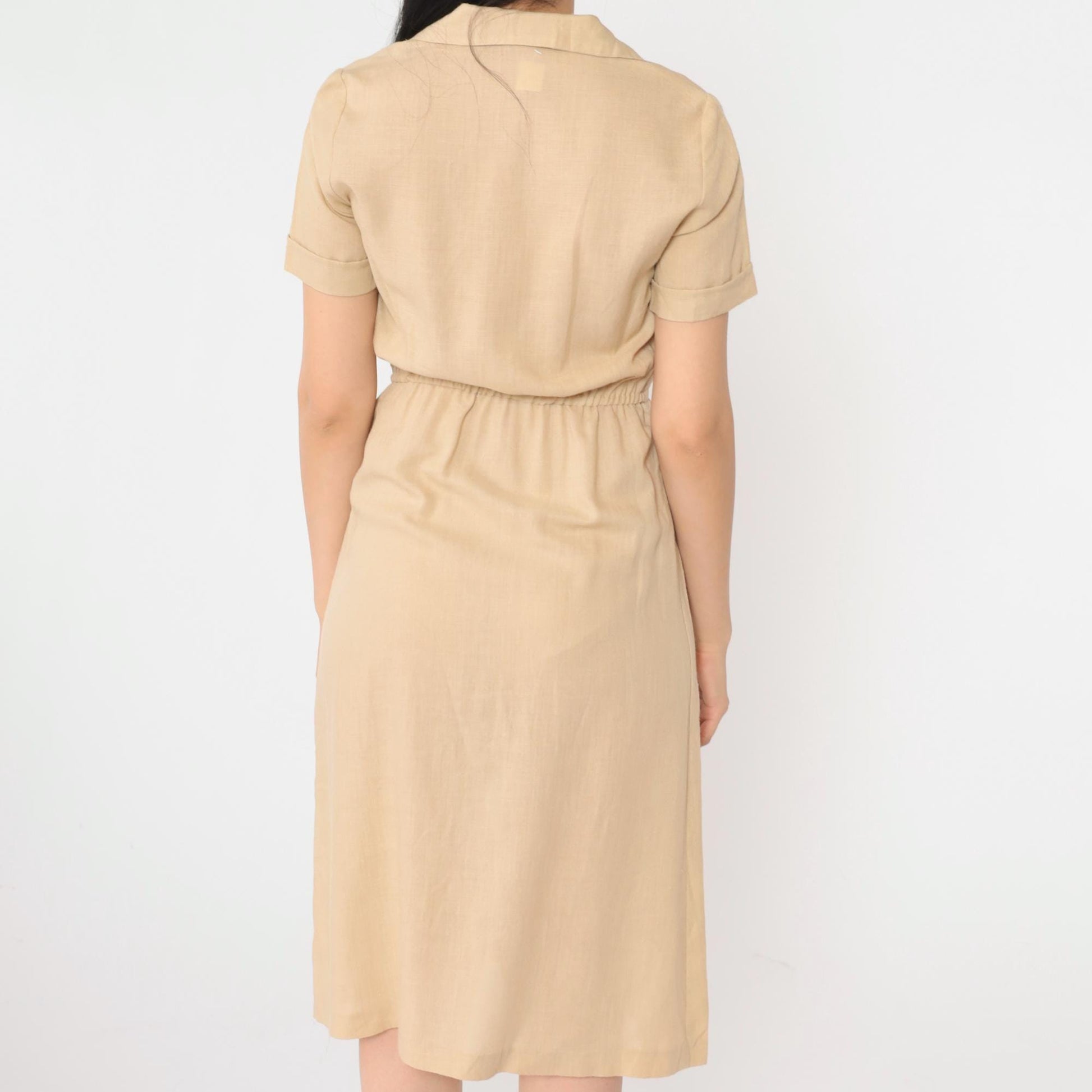 70s Tan Linen Shirtdress Button-Up Midi High-Waisted Short Sleeve Extra Small