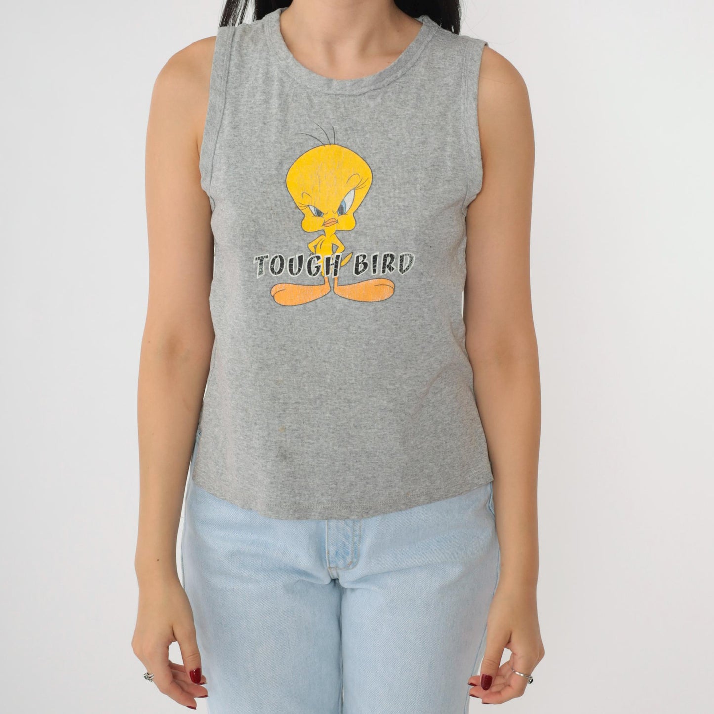 90s Tweety Bird Tough Bird Tank Top Warner Bros Grey Graphic Small