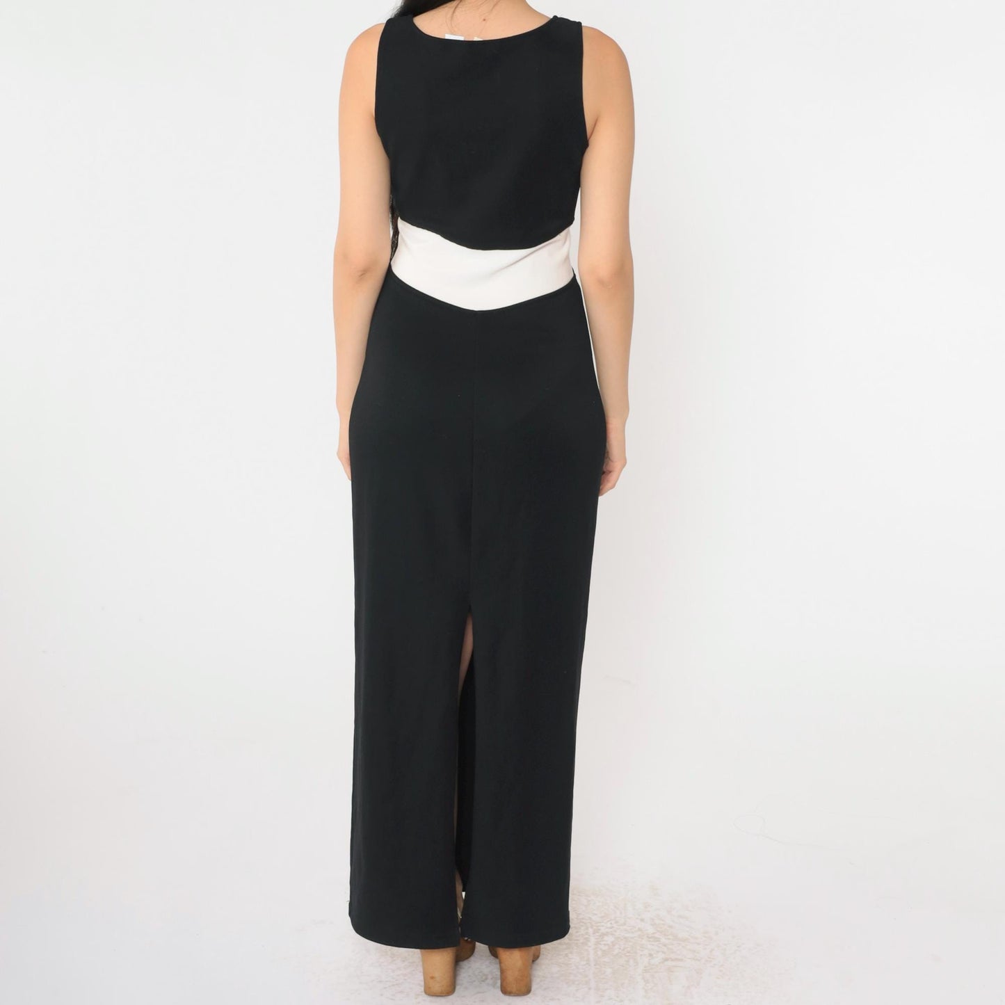 90s All That Jazz Black Maxi Dress White Trim Sleeveless Slit Medium