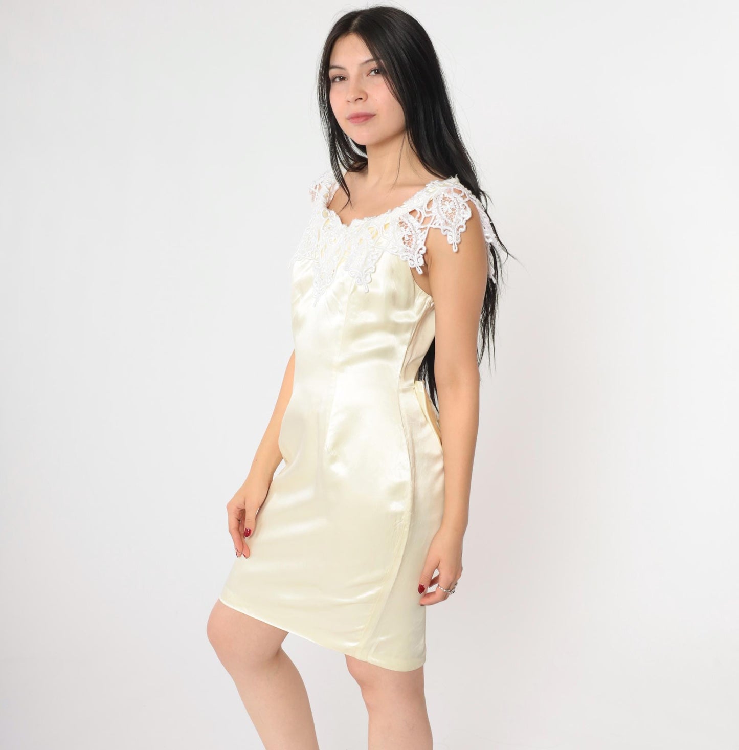 90s Cream Satin Lace Shift Dress Mini Sleeveless Small S