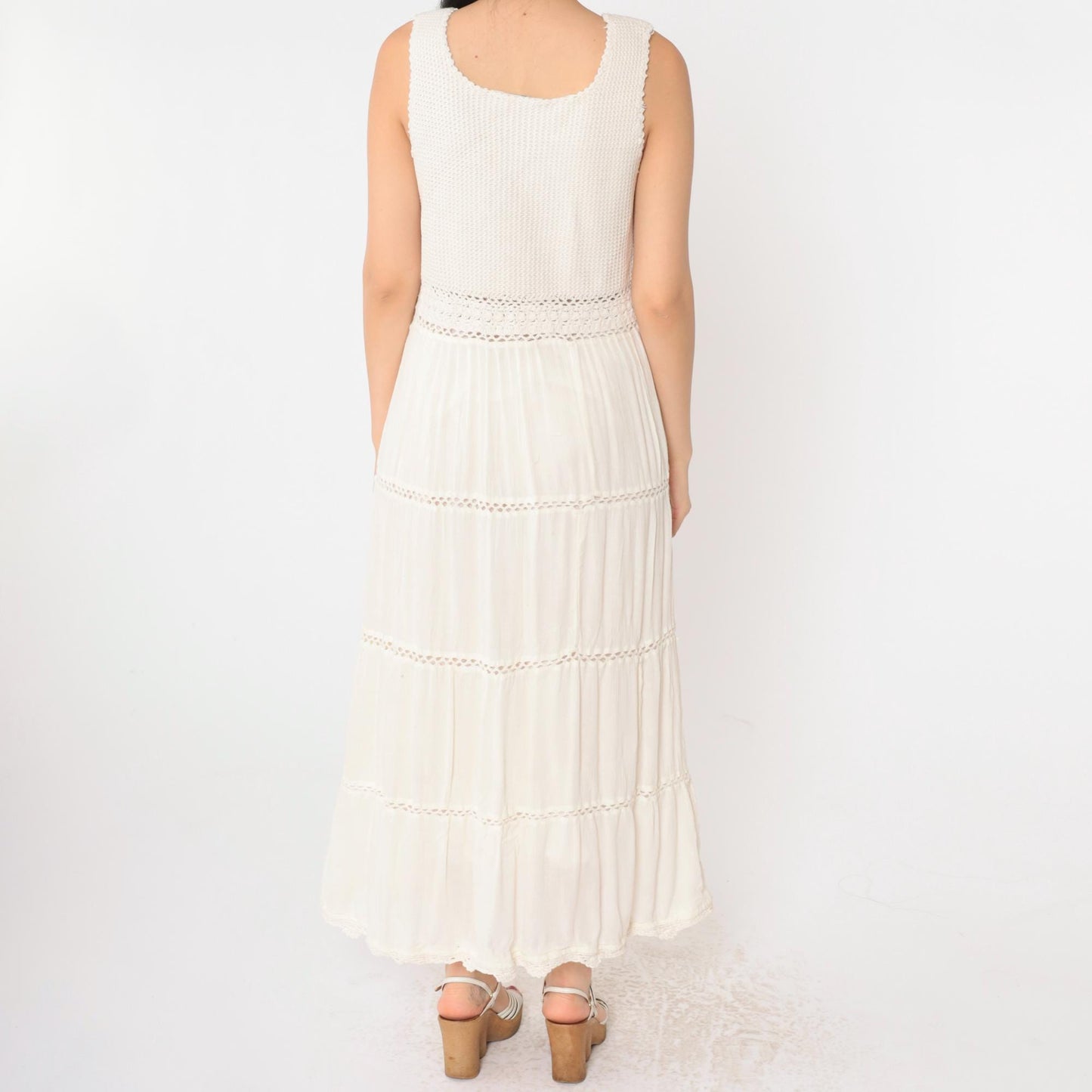 Y2K Cream Crochet Gauze Maxi Dress Sleeveless High Waist Small