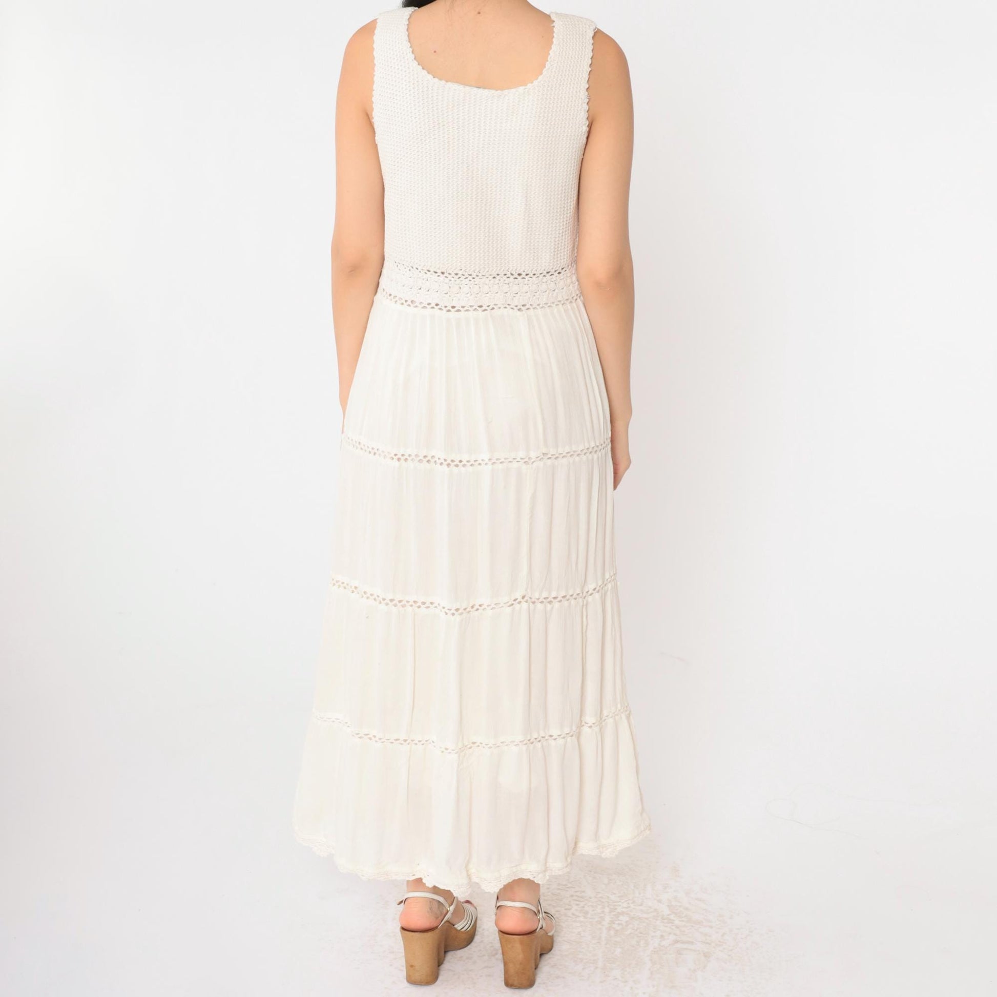 Y2K Cream Crochet Gauze Maxi Dress Sleeveless High Waist Small