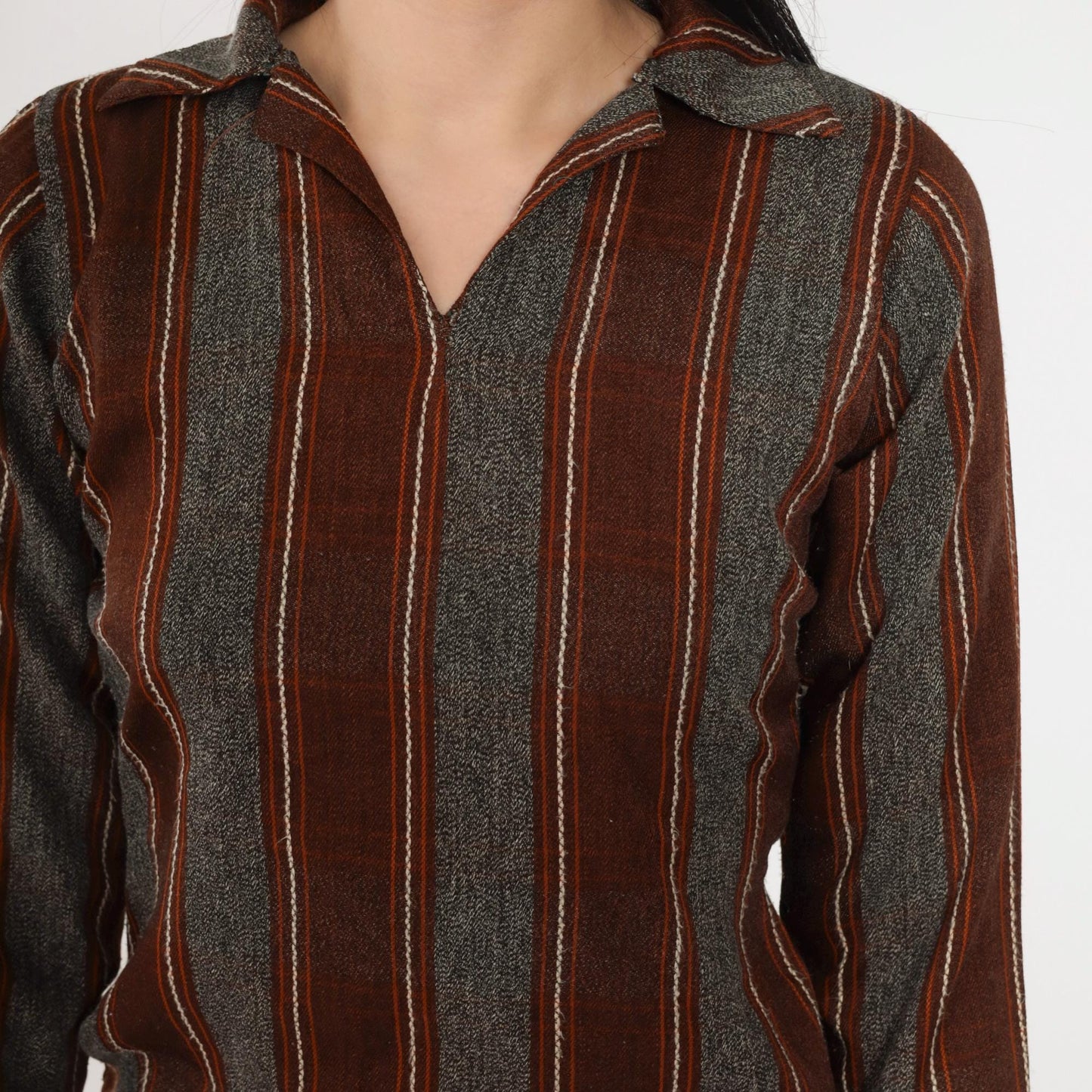 70s Striped Shift Dress Mini V-Neck Long Sleeve Grey Brown Orange Extra Small