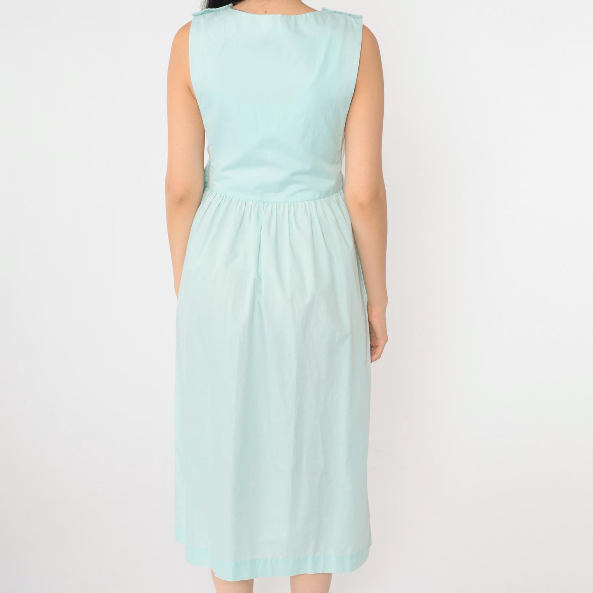 80s Seafoam Embroidered Bumble Bee Floral Midi Pinafore Dress Small