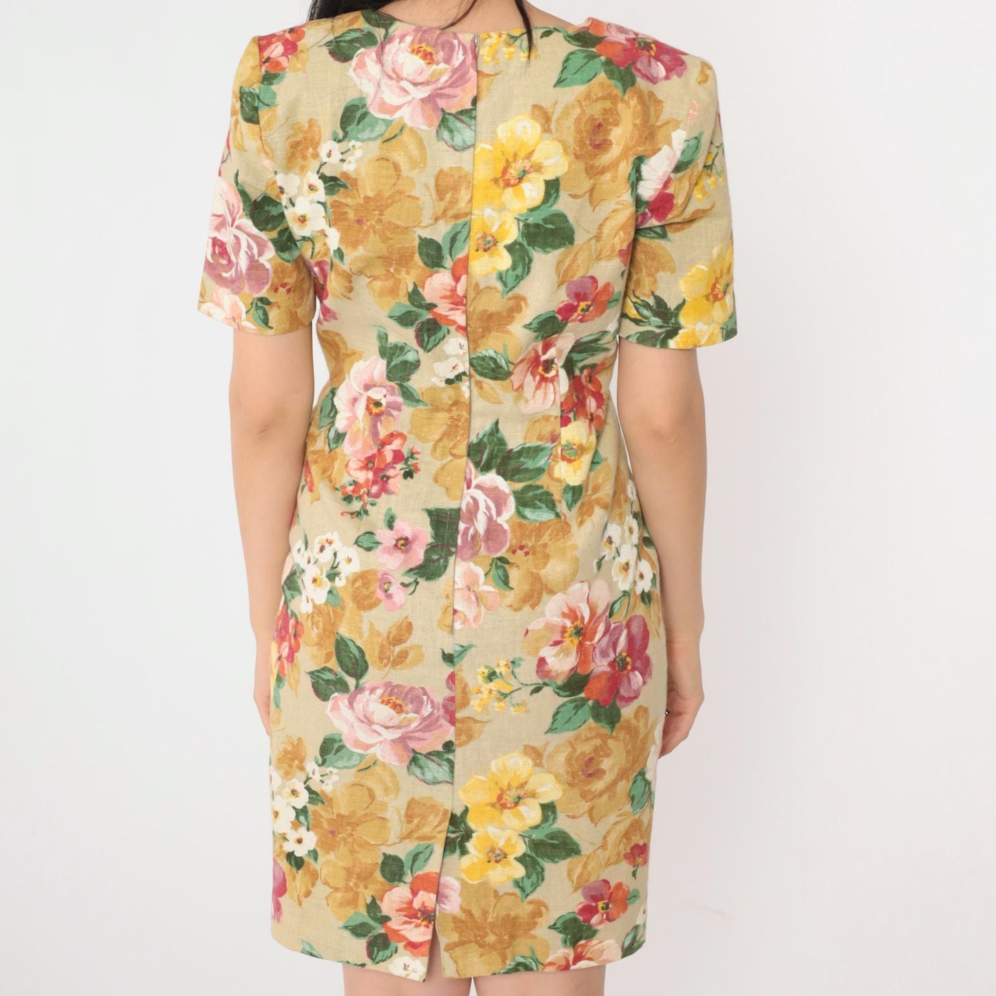 90s Petite Sophisticate Floral Mini Dress Tan Sheath Square Neck Extra Small