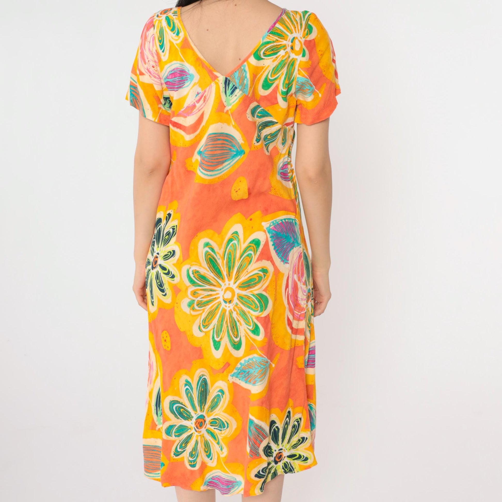 00s Jams World Tropical Floral Midi Dress Abstract Print Silk Orange Large L