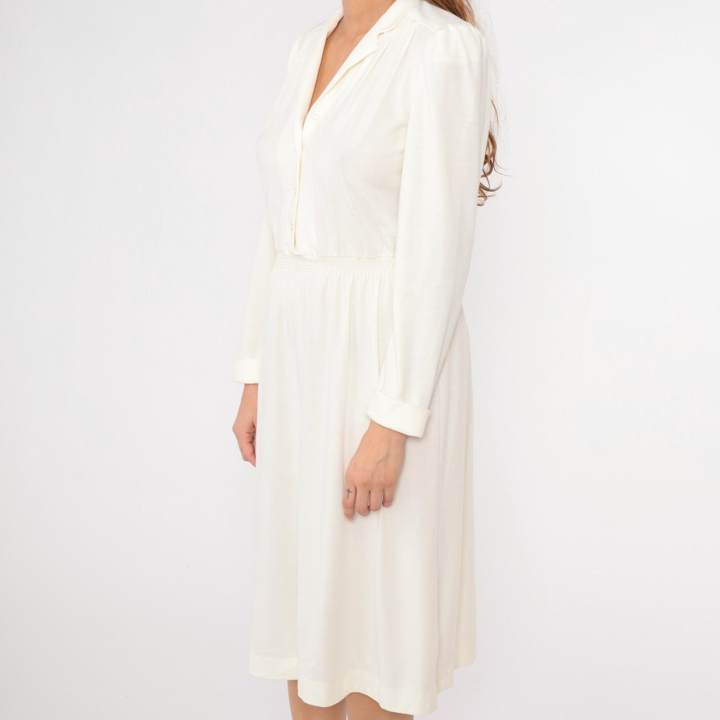 80s Off-White Puff Sleeve Shirtdress Midi High Waist Button Front Small