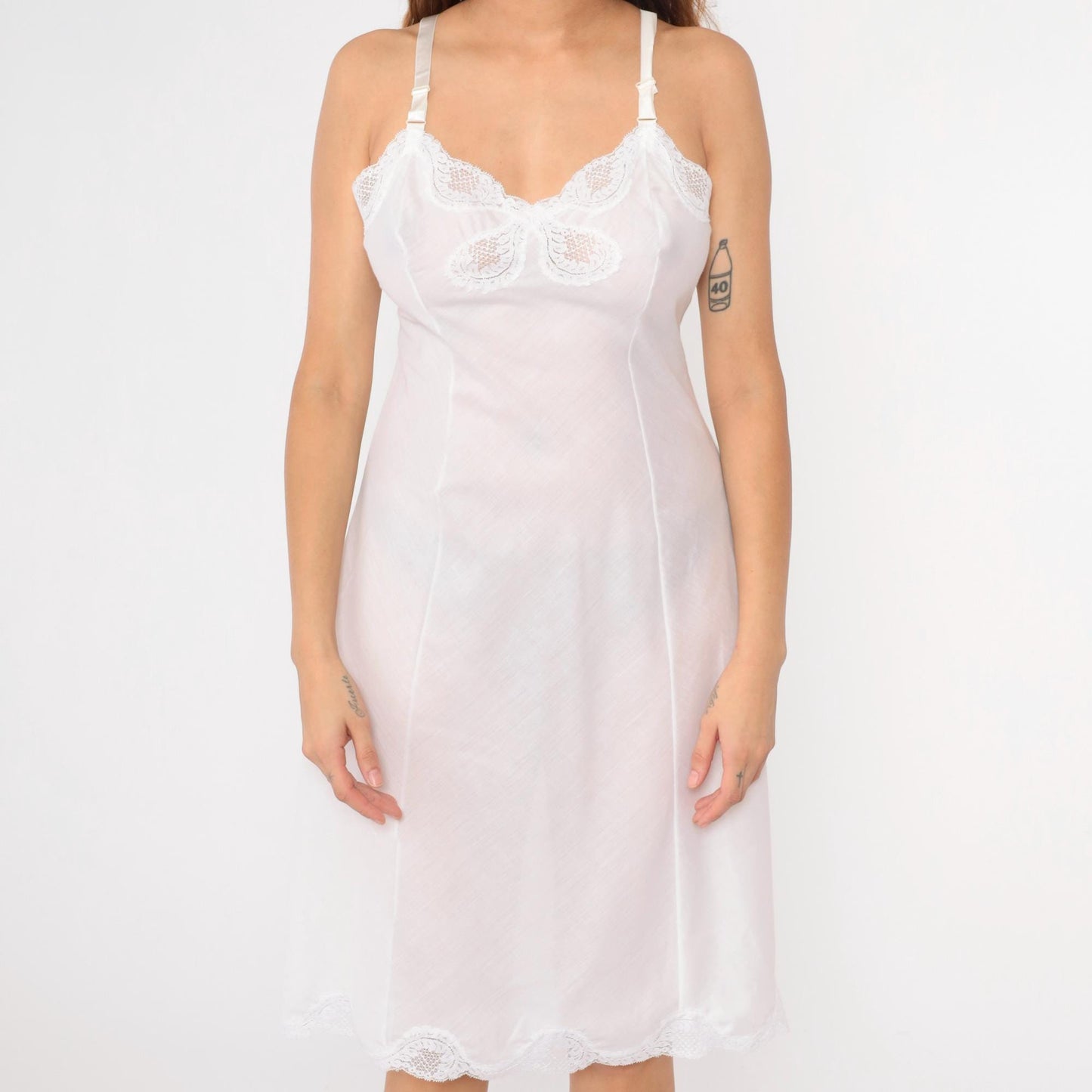 80s White Slip Dress Lace Trim Spaghetti Strap Knee-Length Medium