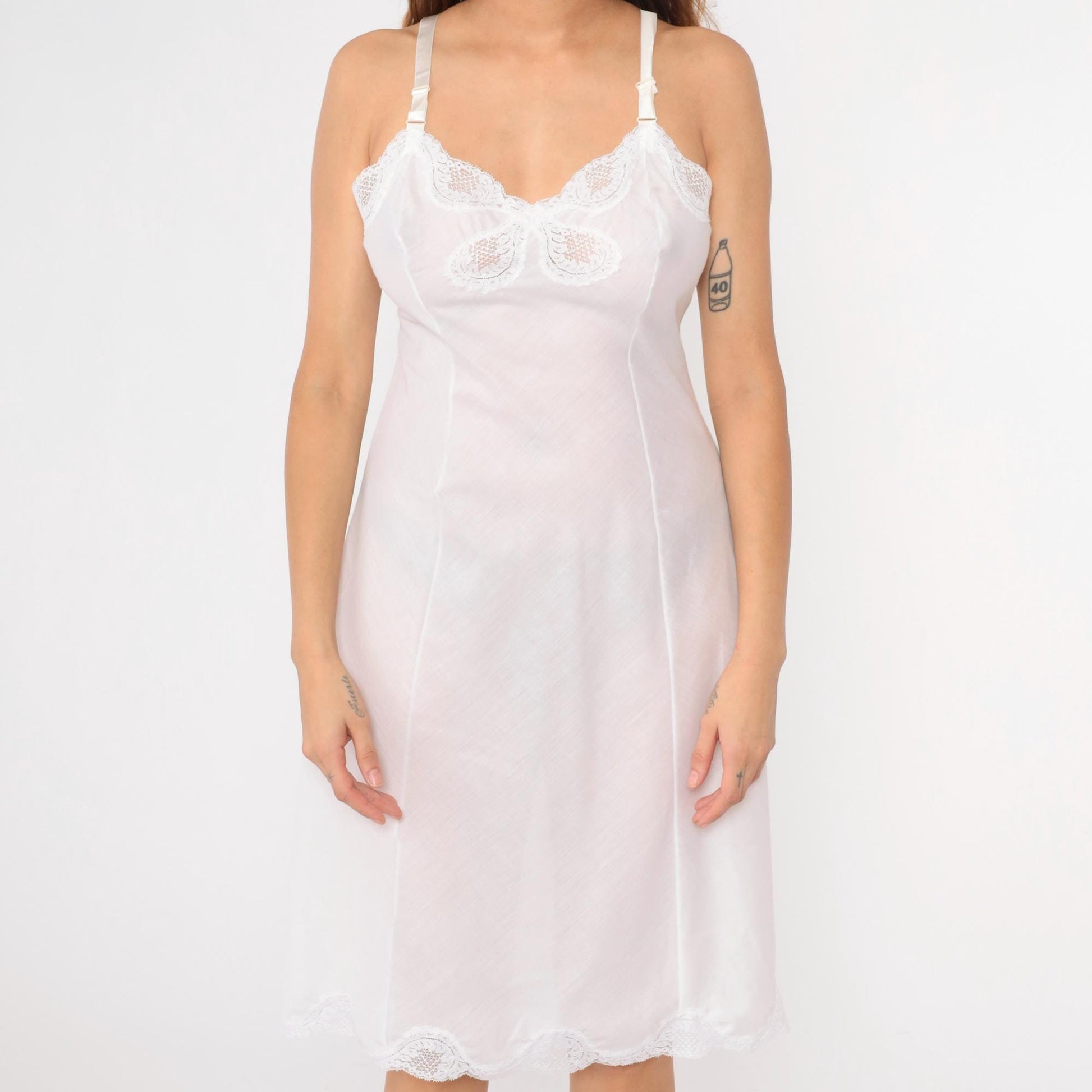 80s White Slip Dress Lace Trim Spaghetti Strap Knee-Length Medium
