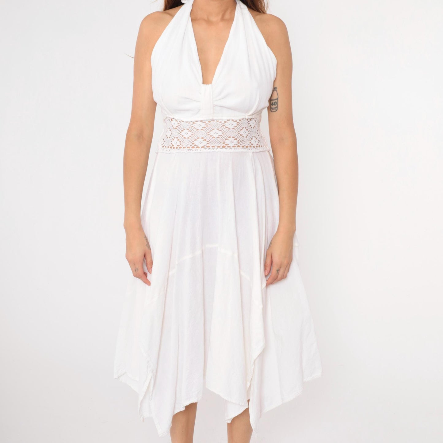 80s White Cotton Halter Midi Dress Crochet Waist Hanky Hem Medium Large