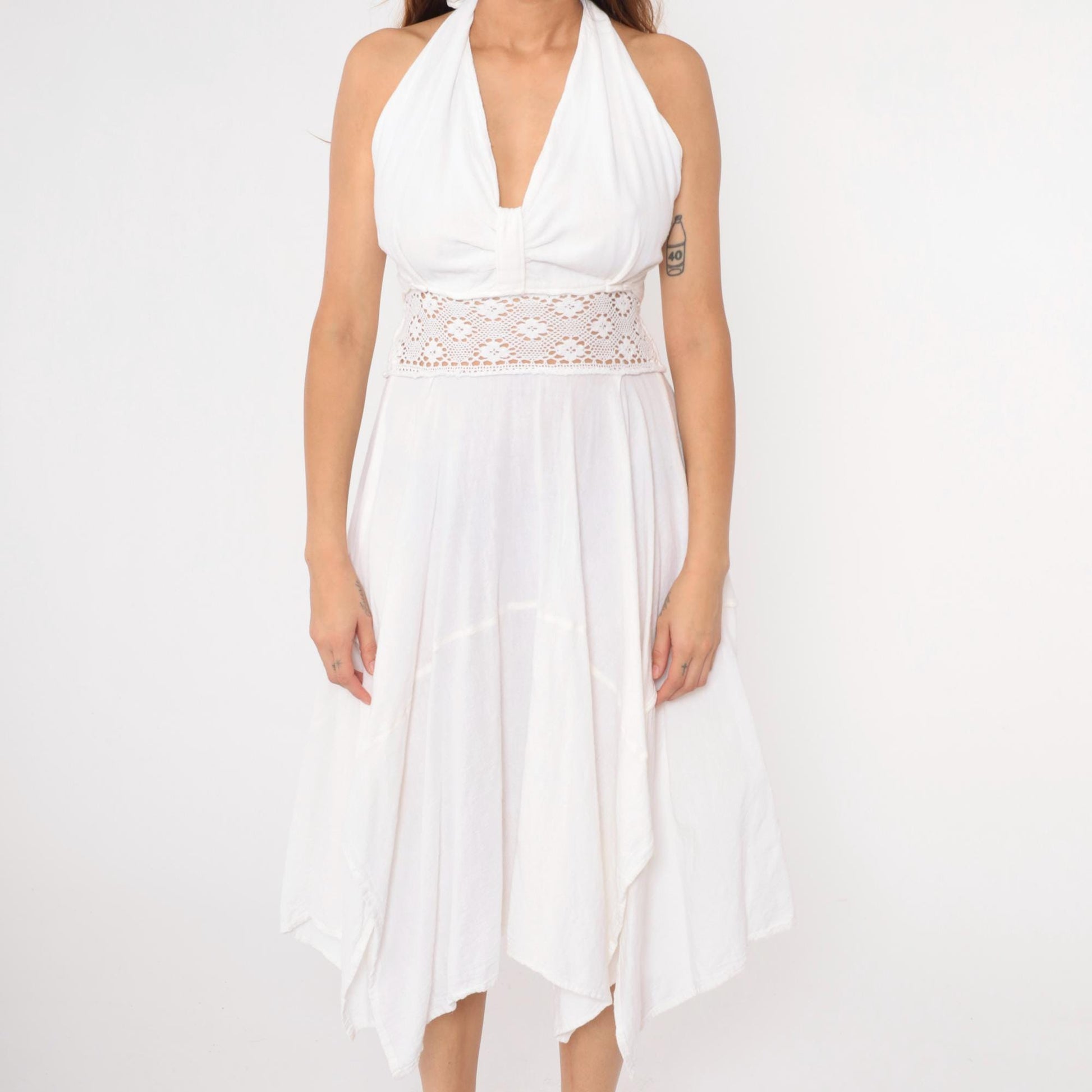 80s White Cotton Halter Midi Dress Crochet Waist Hanky Hem Medium Large