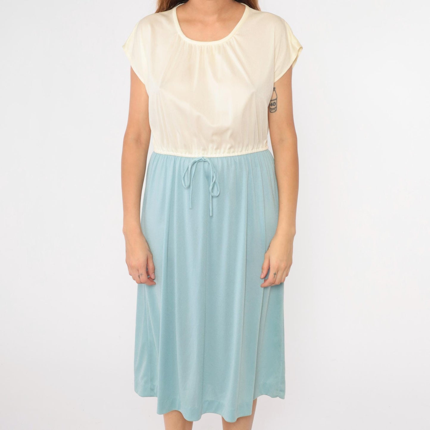70s Color Block Midi Dress Baby Blue Cream Cap Sleeve Elastic Waist Medium