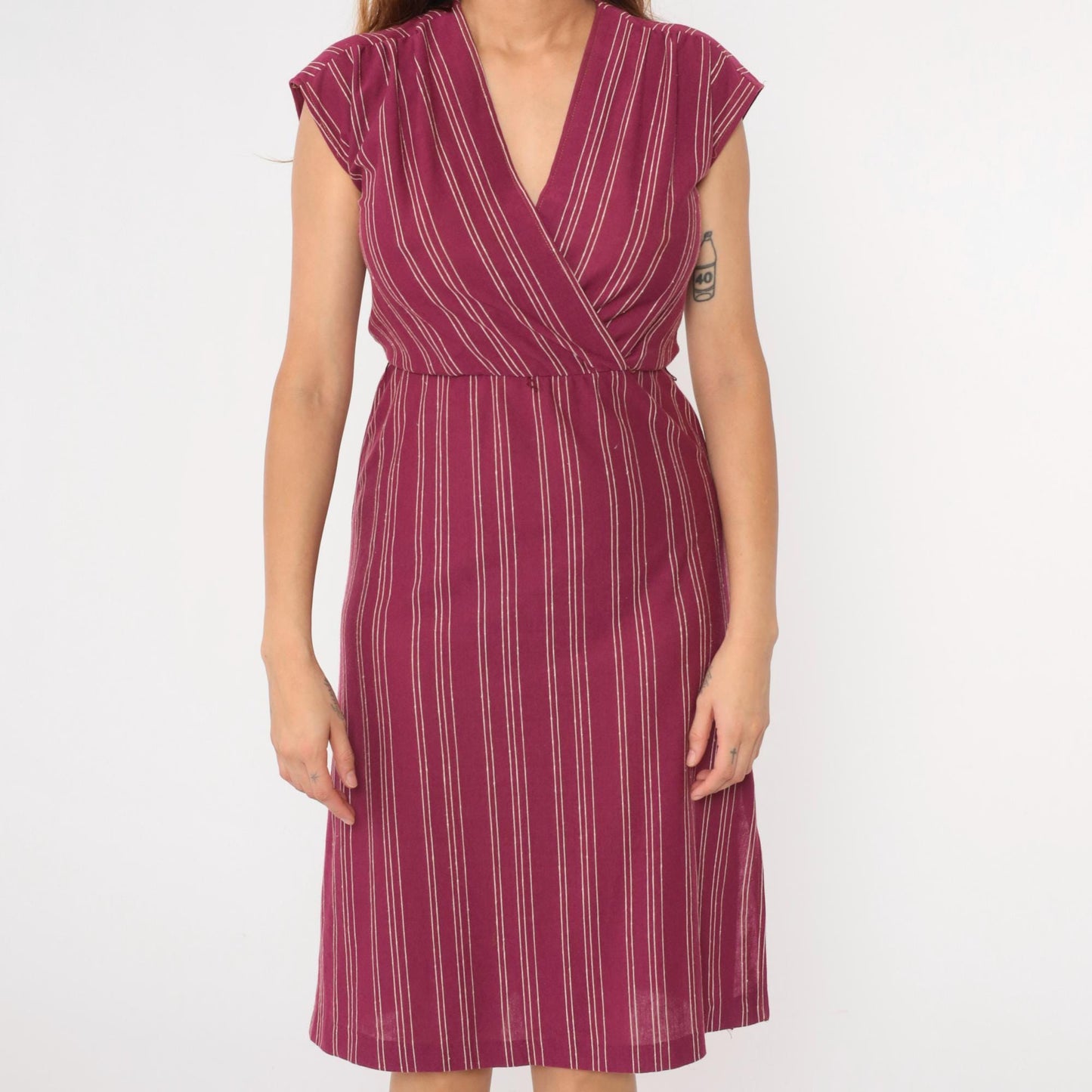 70s Purple Striped Wrap Midi Dress V Neck Cap Sleeve Small