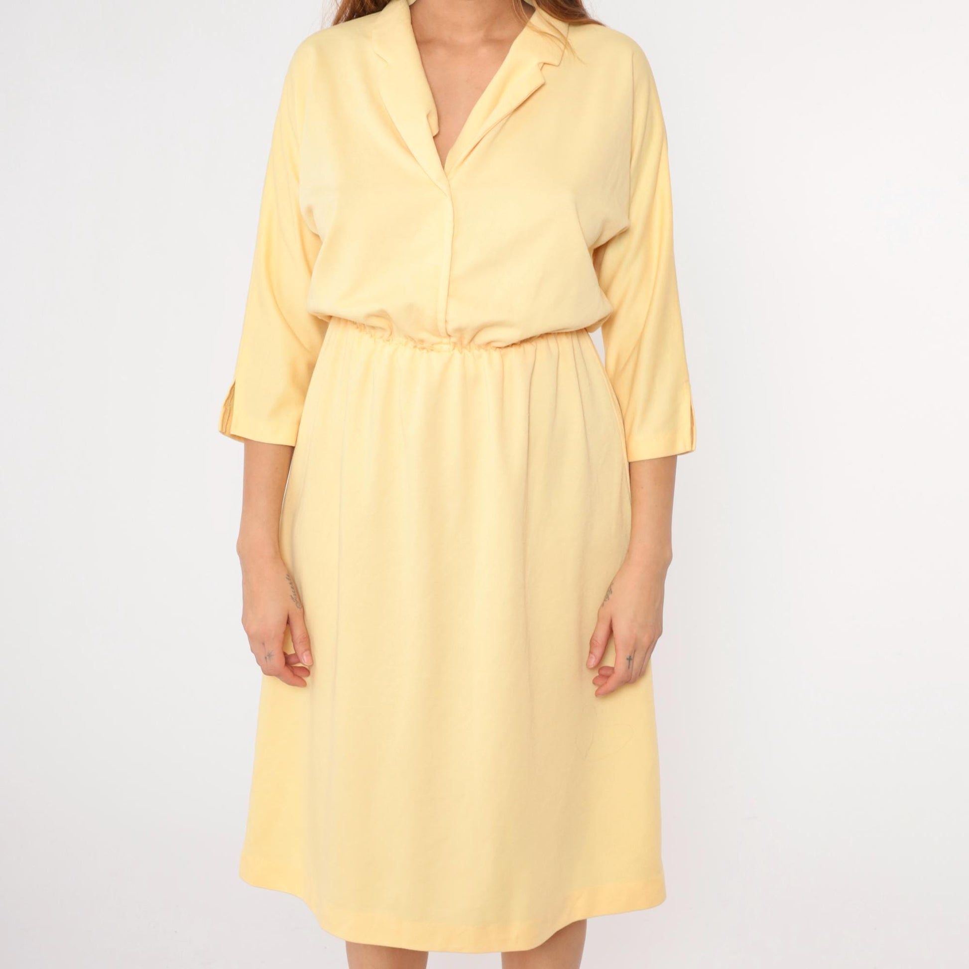 80s Yellow Midi Dress V Neck High Waist 3/4 Sleeve Small Medium