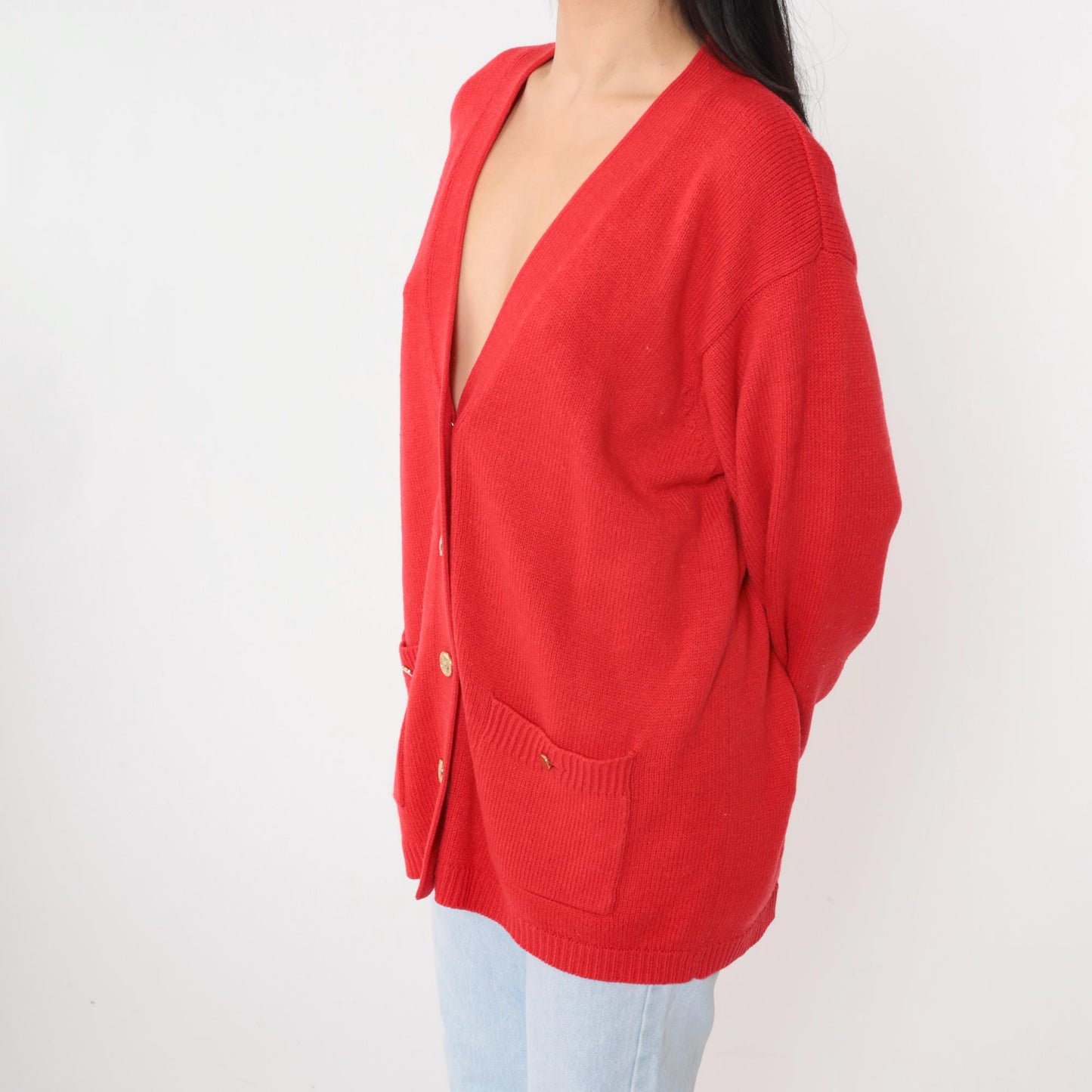 80s Karen Scott Wool Cardigan Red Gold Button Knit Sweater Large L