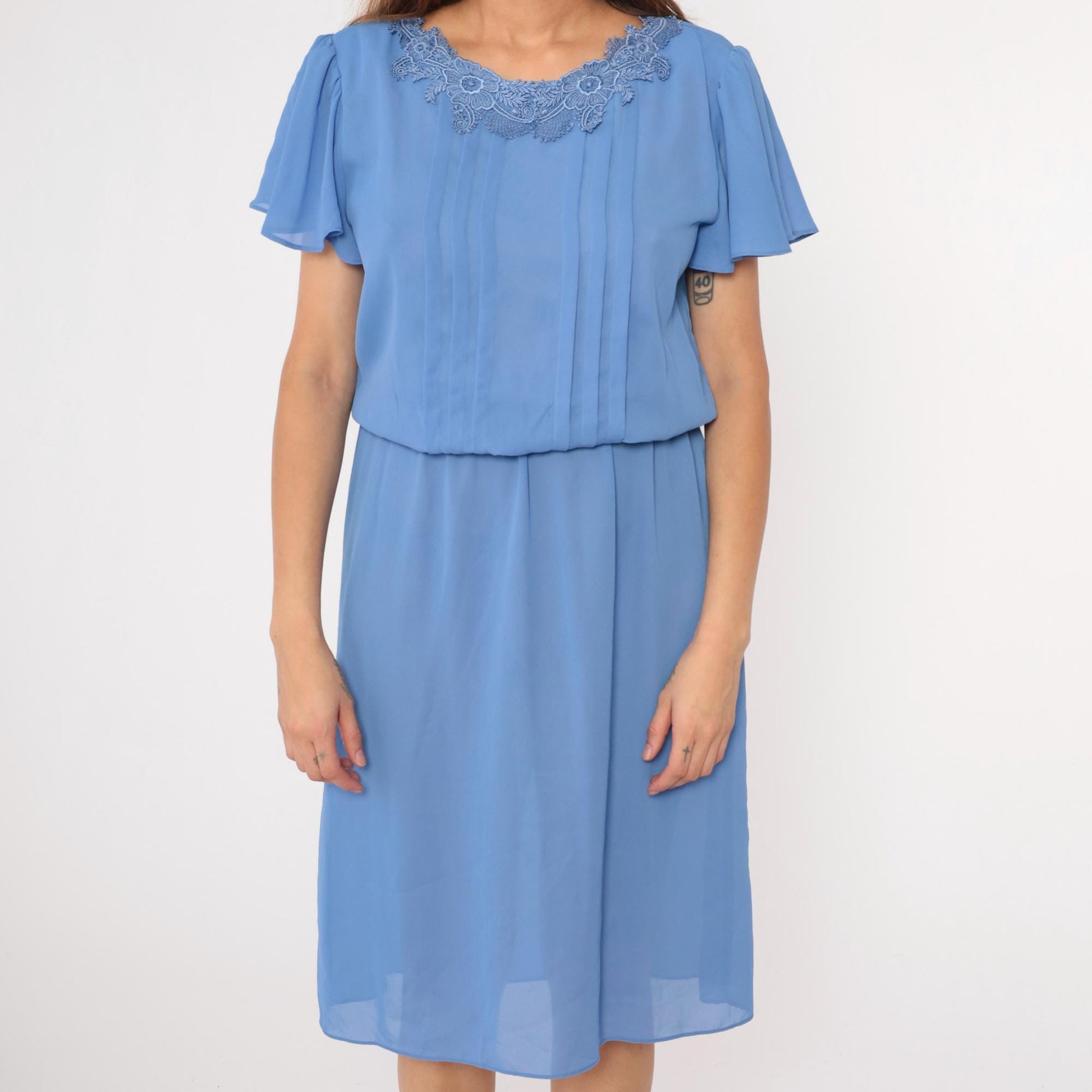 80s Blue Midi Dress Lace Collar Flutter Sleeve High Waist Pleated Medium