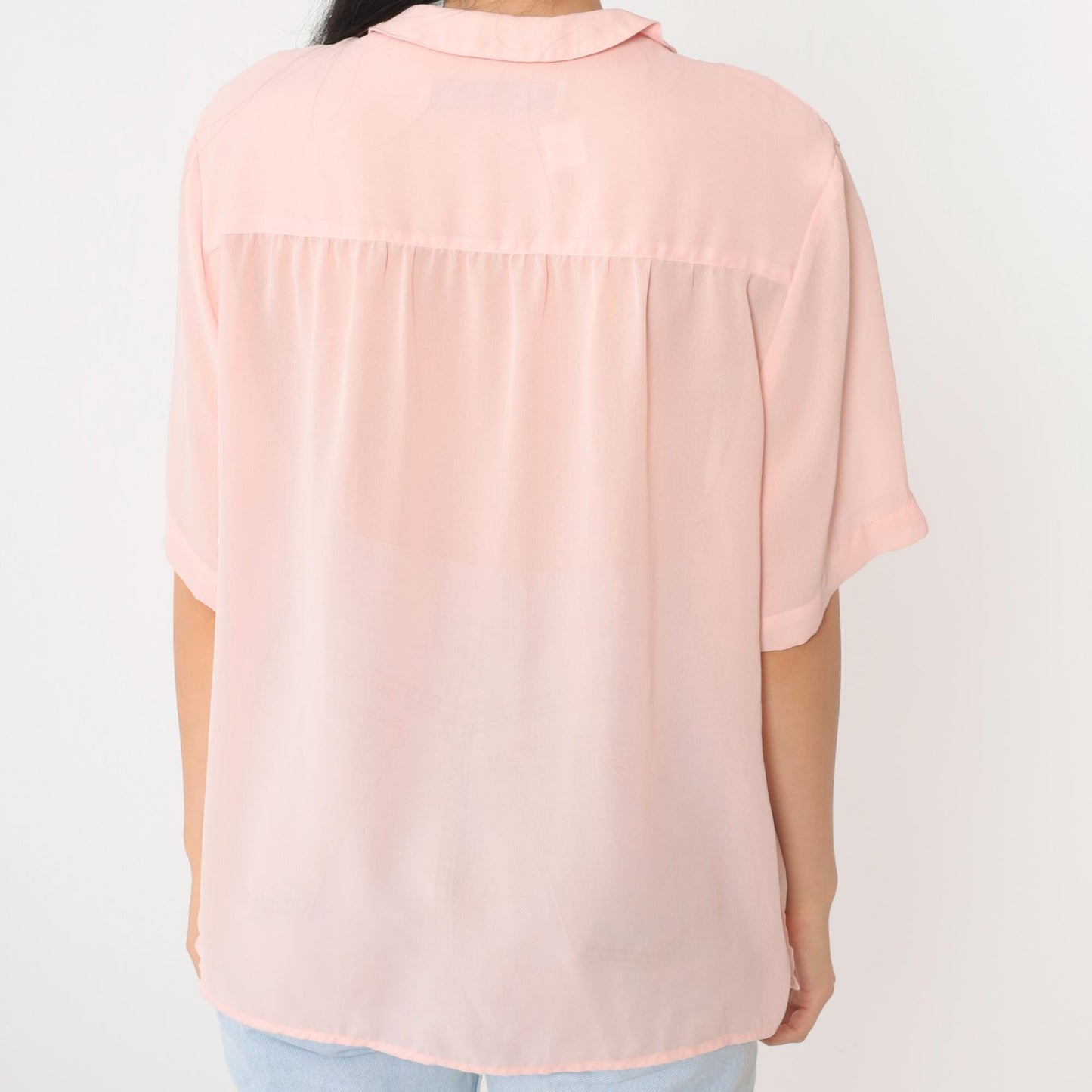 80s Chaus Baby Pink Chiffon Blouse Peter Pan Collar Pleated Short Sleeve Large