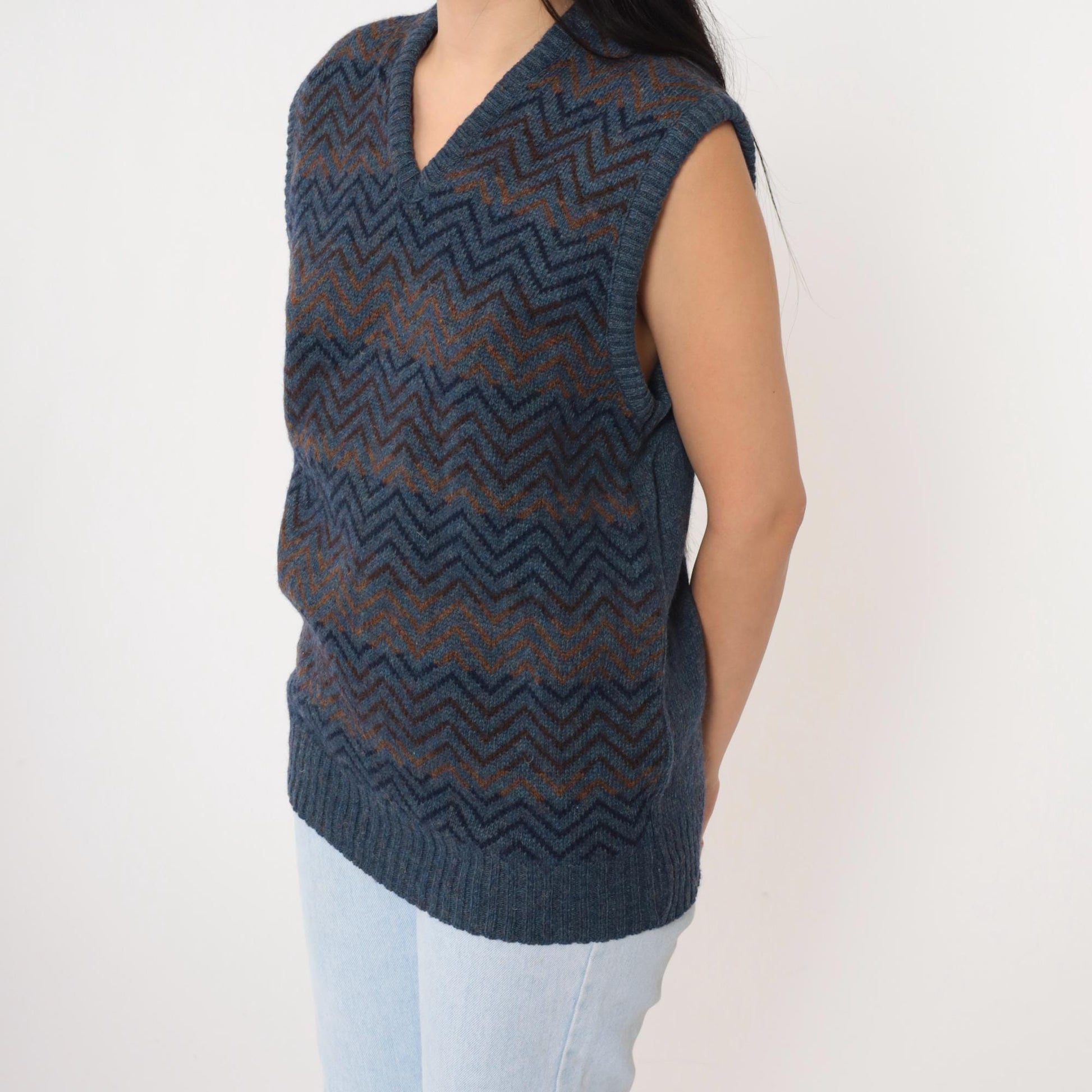 80s Robert Bruce Wool Blend Sweater Vest Zig Zag Stripe Blue V-Neck Medium