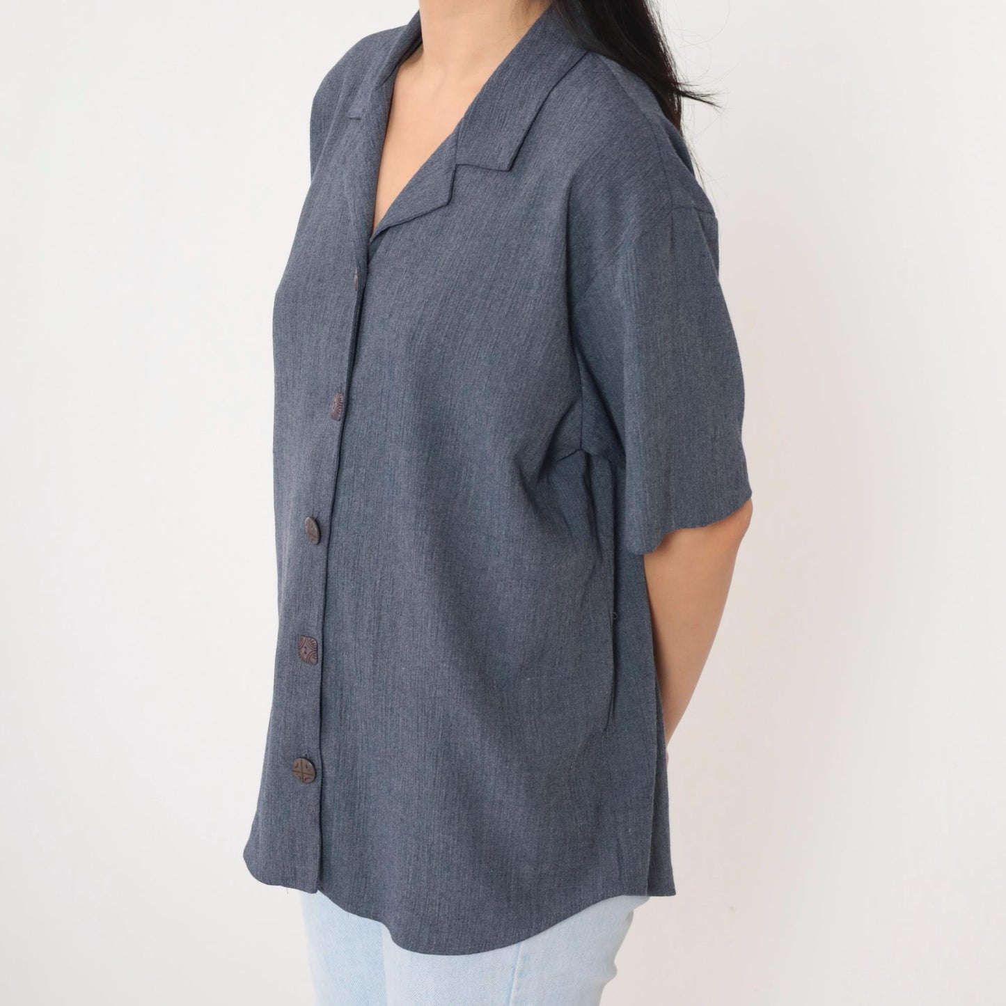 90s Teddi Blueish Grey Button-Up Blouse Short Sleeve Medium