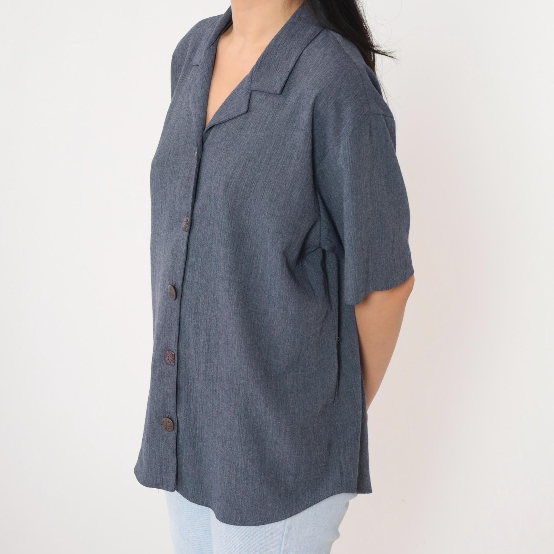 90s Teddi Blueish Grey Button-Up Blouse Short Sleeve Medium