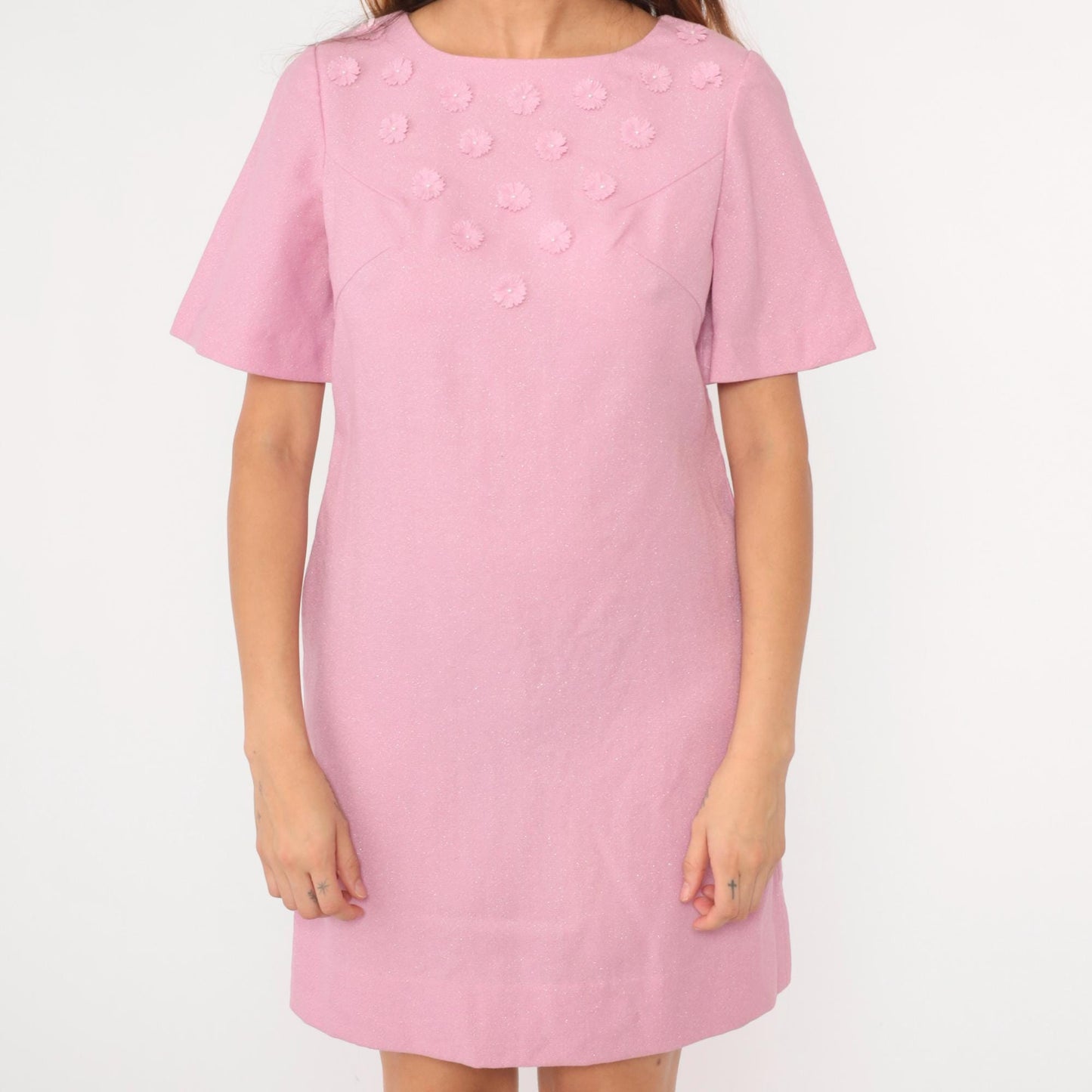 60s Metallic Pink Mini Dress Pearl Beaded Floral Shift Short Sleeve Medium